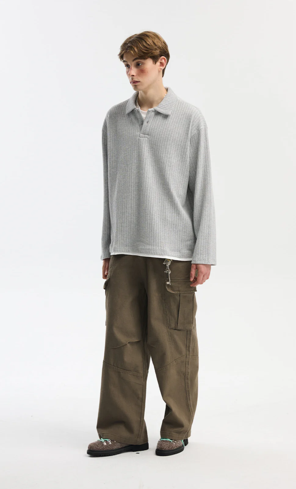 Cable Knit Long Sleeve Polo Pullover Top - Image 3