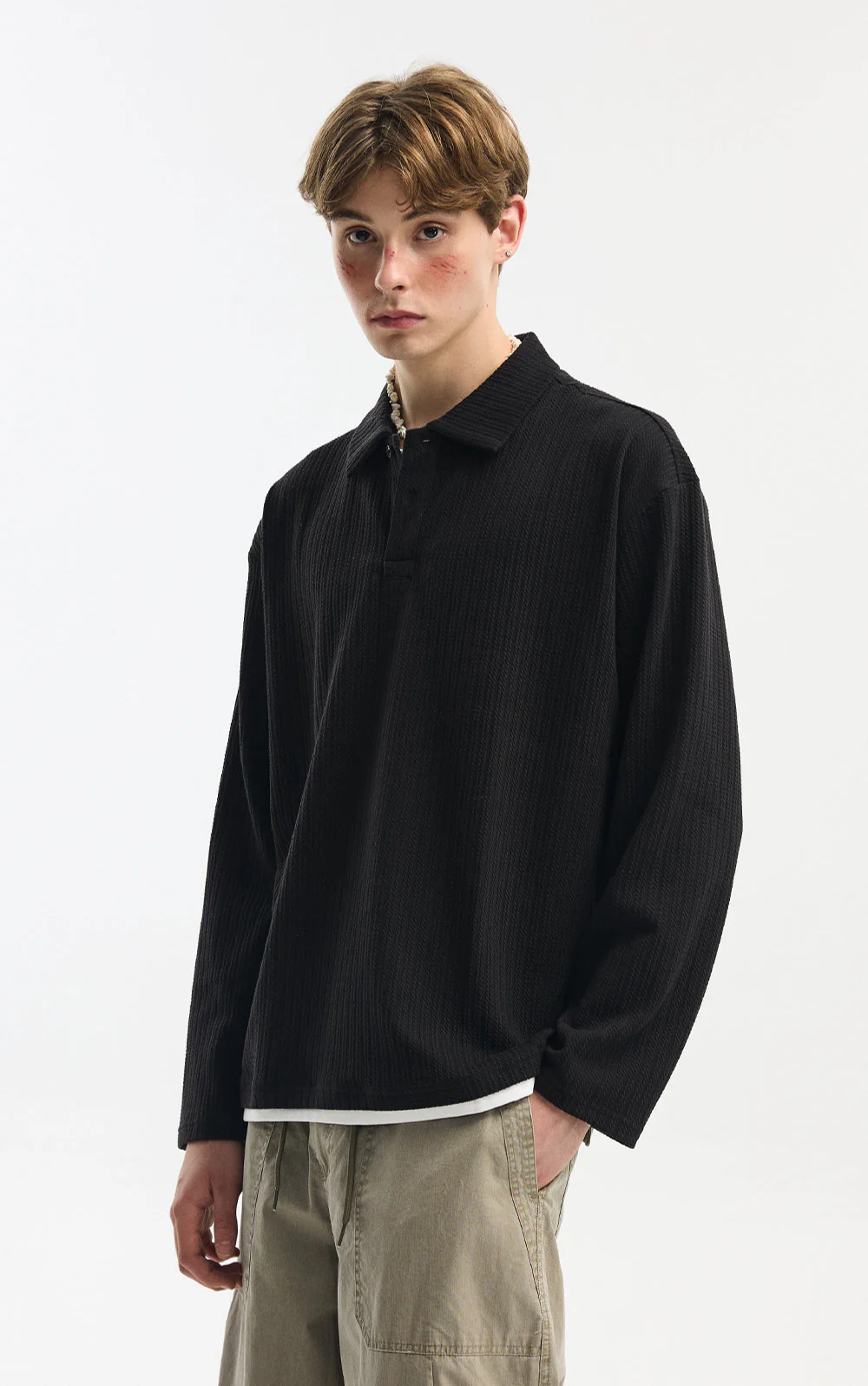 Cable Knit Long Sleeve Polo Pullover Top - Image 5