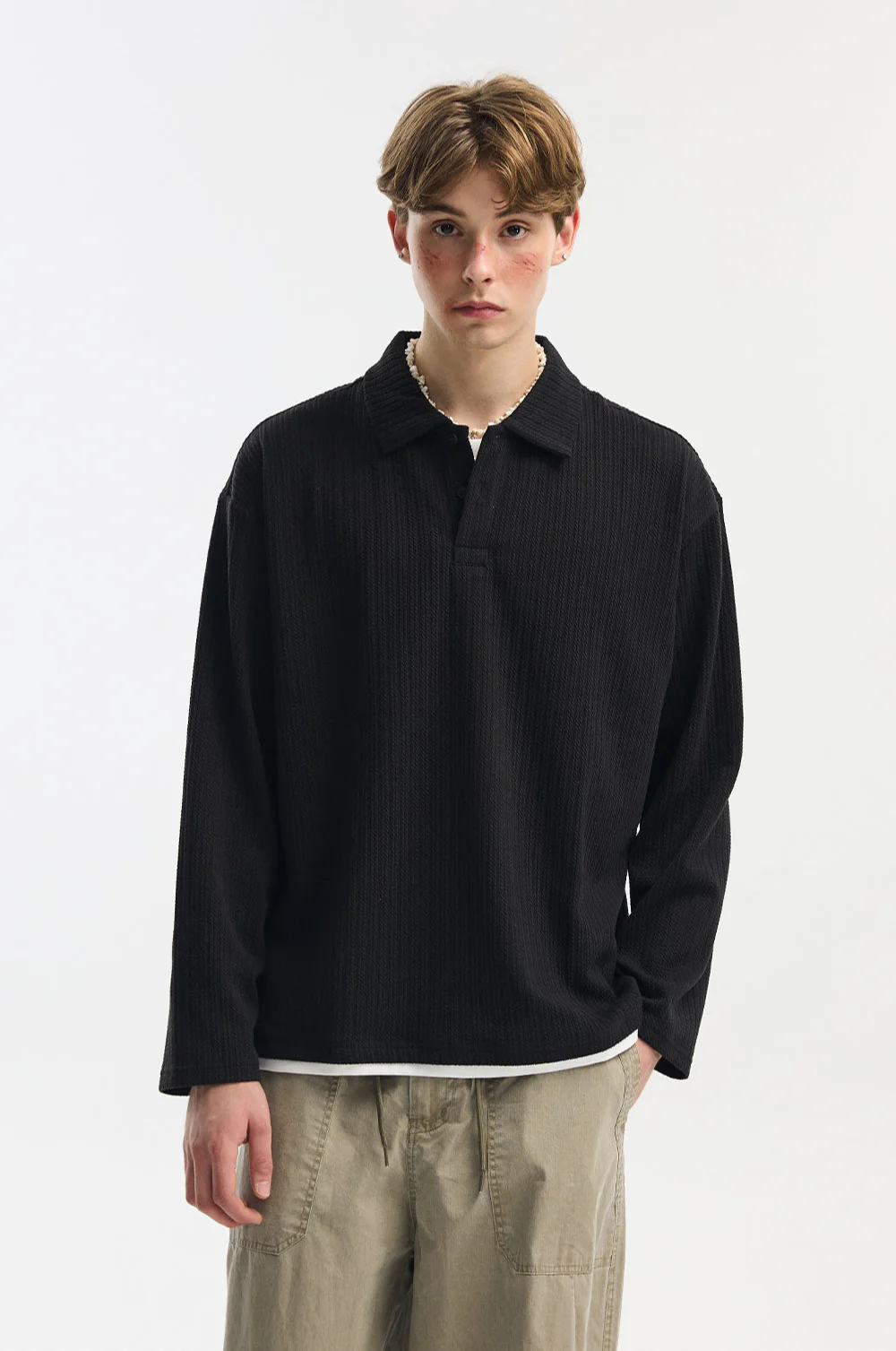 Cable Knit Long Sleeve Polo Pullover Top - Image 6