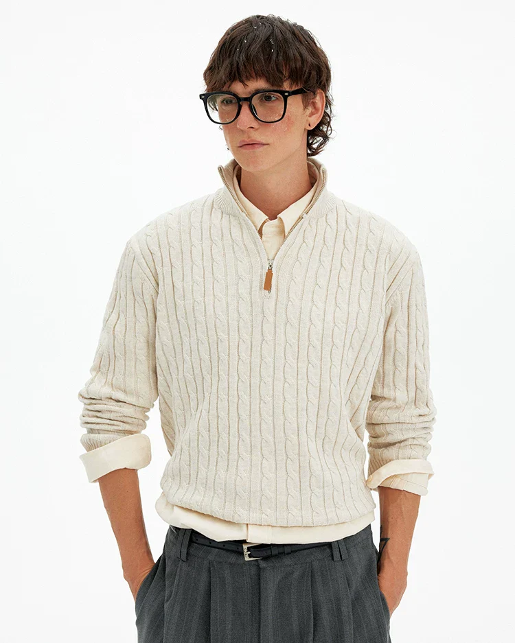 Cable Knit Quarter Zip Pullover with Contrast Zip