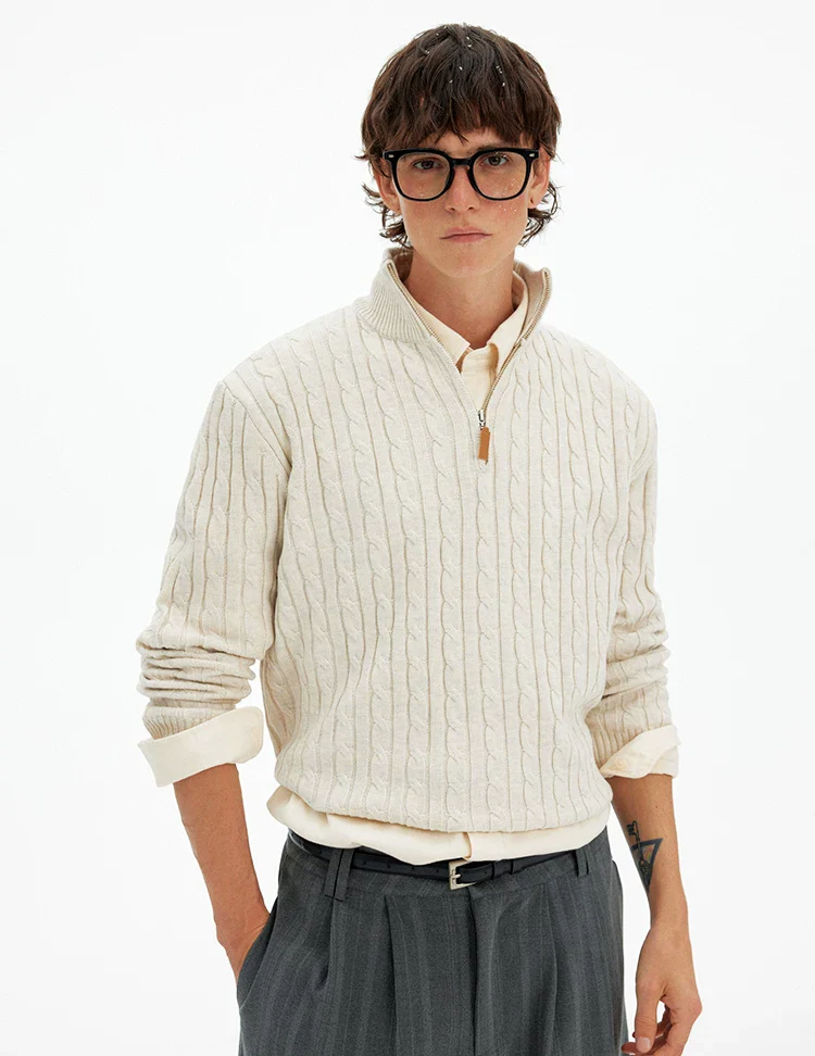 Cable Knit Quarter Zip Pullover with Contrast Zip - Image 3