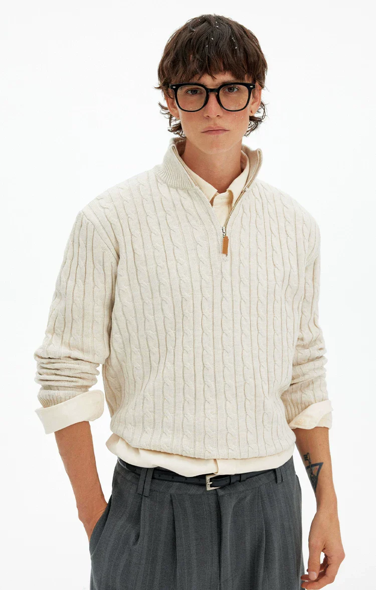 Cable Knit Quarter Zip Pullover with Contrast Zip - Image 4