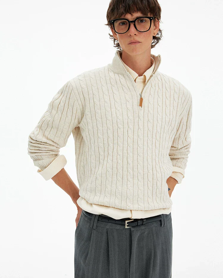 Cable Knit Quarter Zip Pullover with Contrast Zip - Image 5