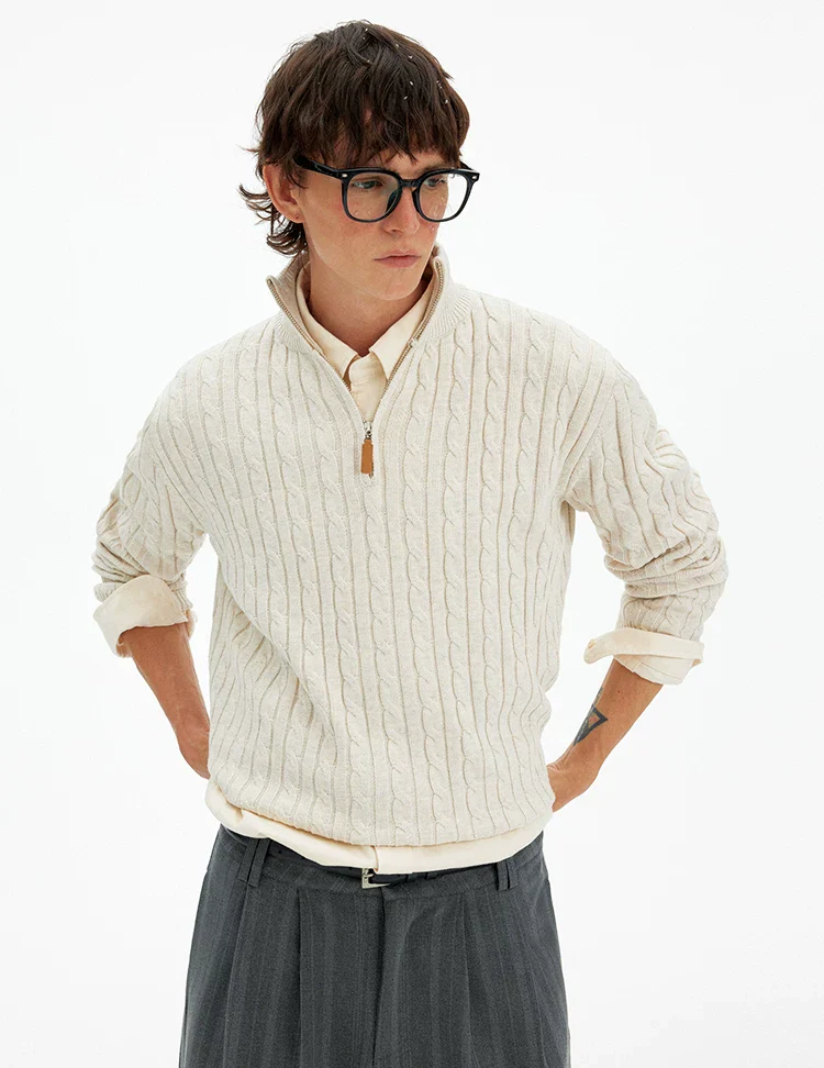 Cable Knit Quarter Zip Pullover with Contrast Zip - Image 6