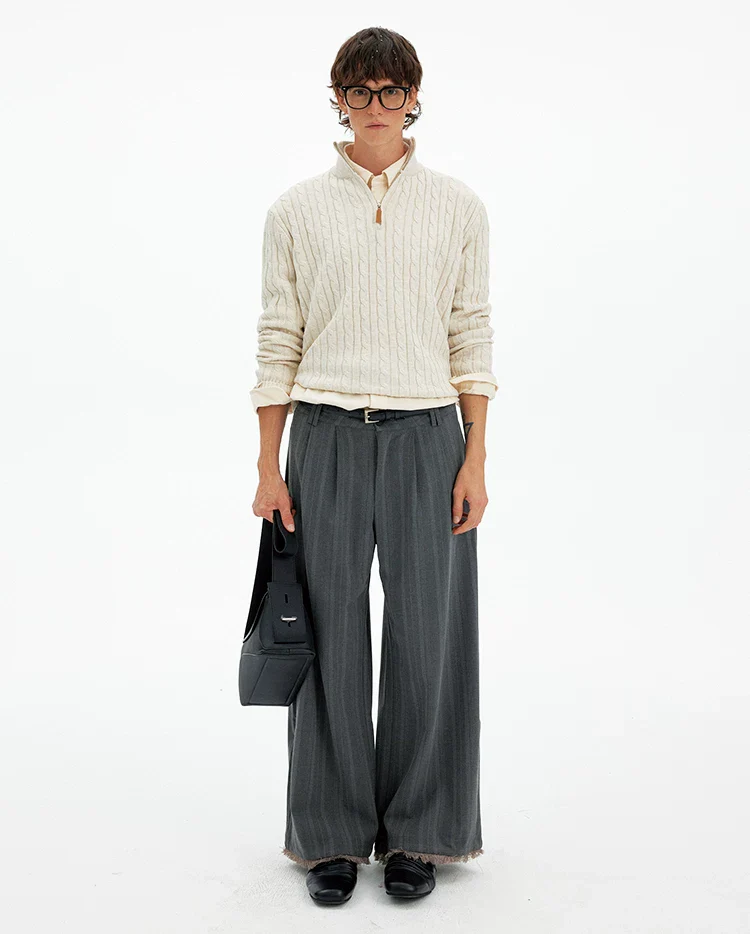 Cable Knit Quarter Zip Pullover with Contrast Zip - Image 7