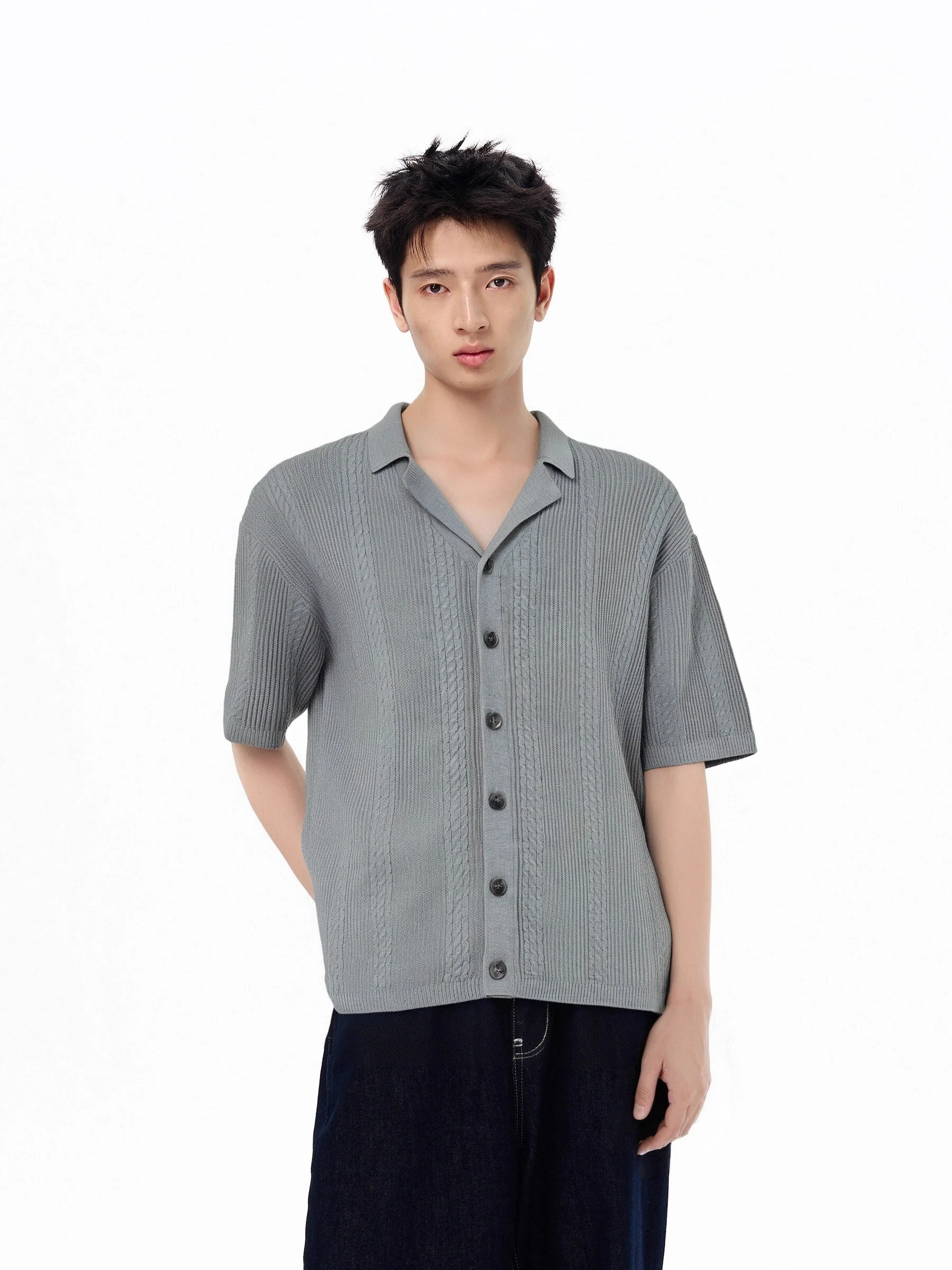 Cable Knit Ribbed Button Short Sleeve Shirt