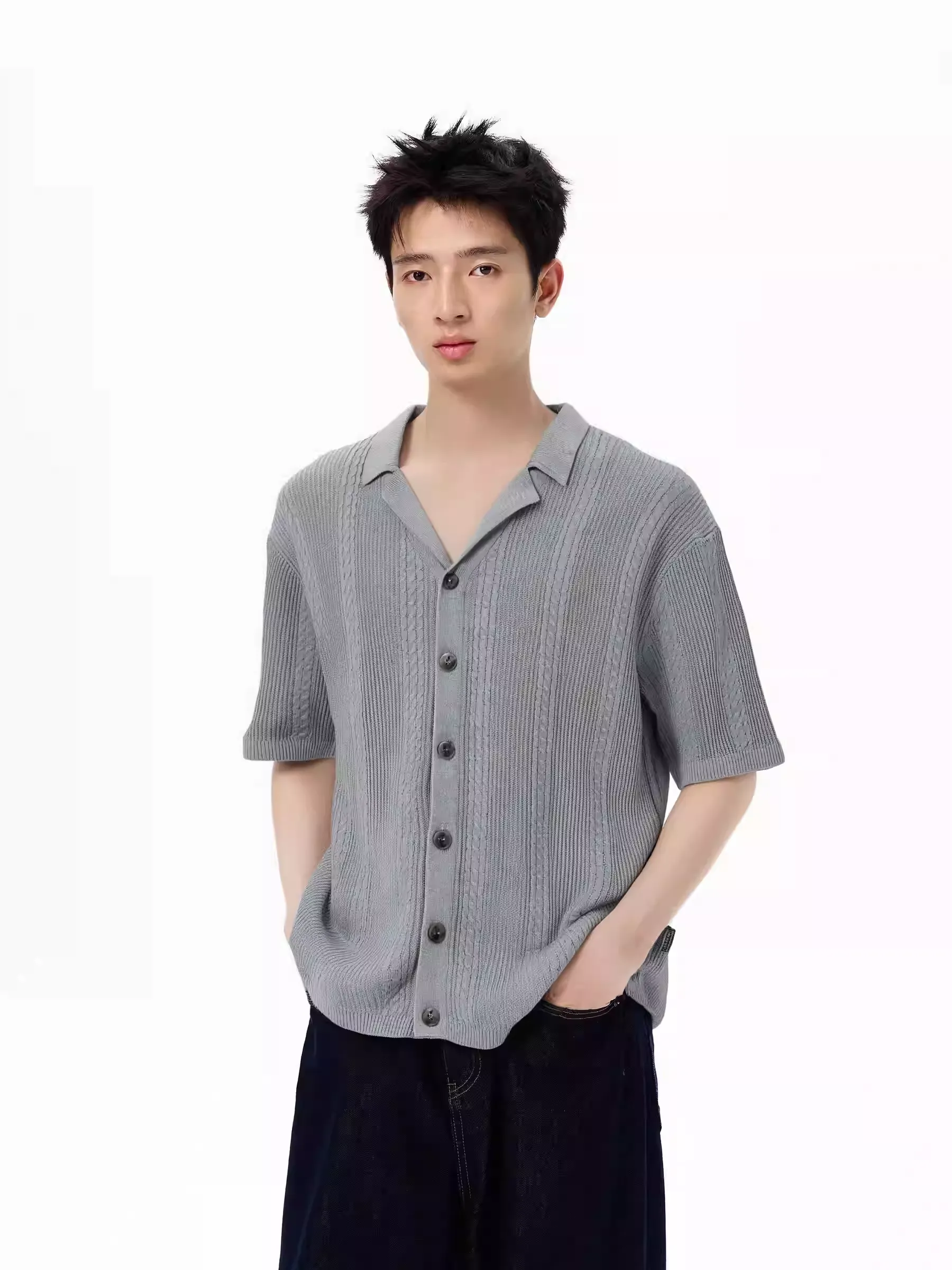 Cable Knit Ribbed Button Short Sleeve Shirt - Image 2
