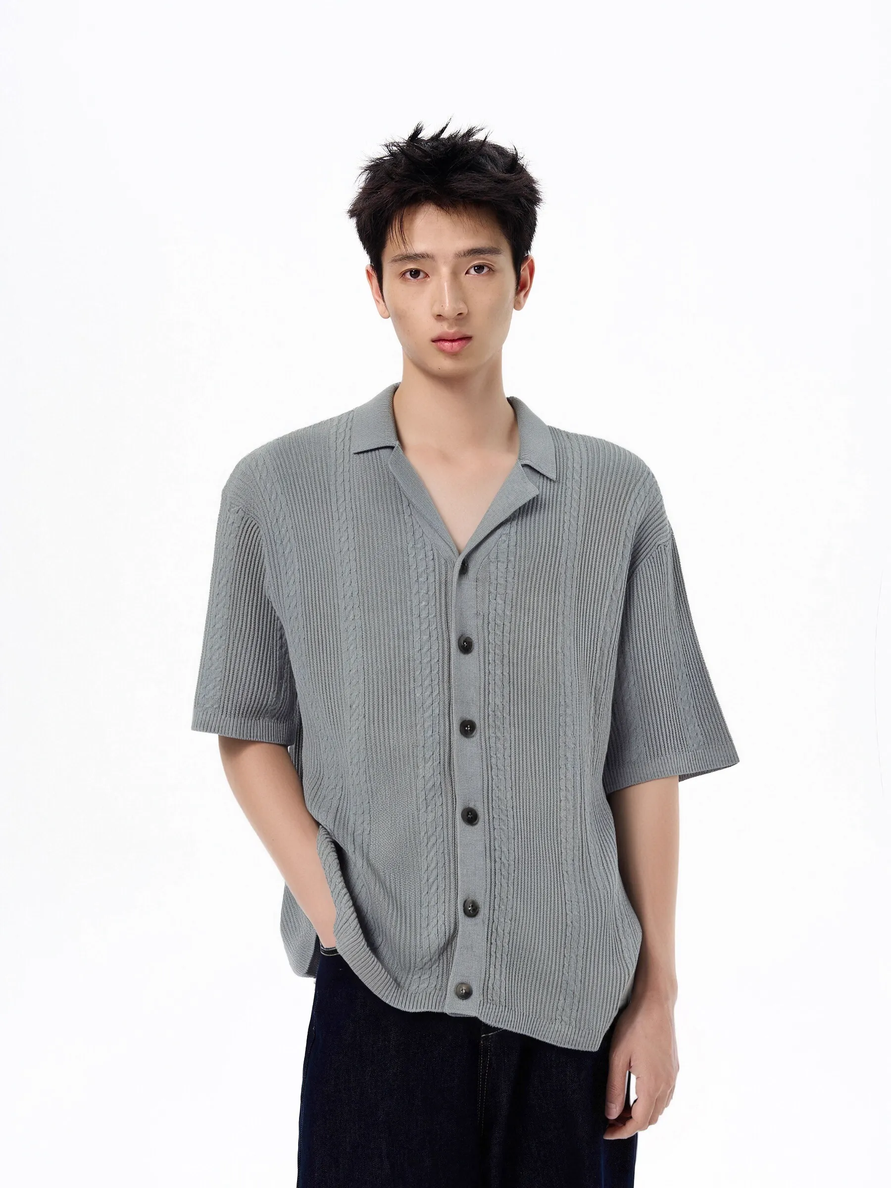 Cable Knit Ribbed Button Short Sleeve Shirt - Image 3