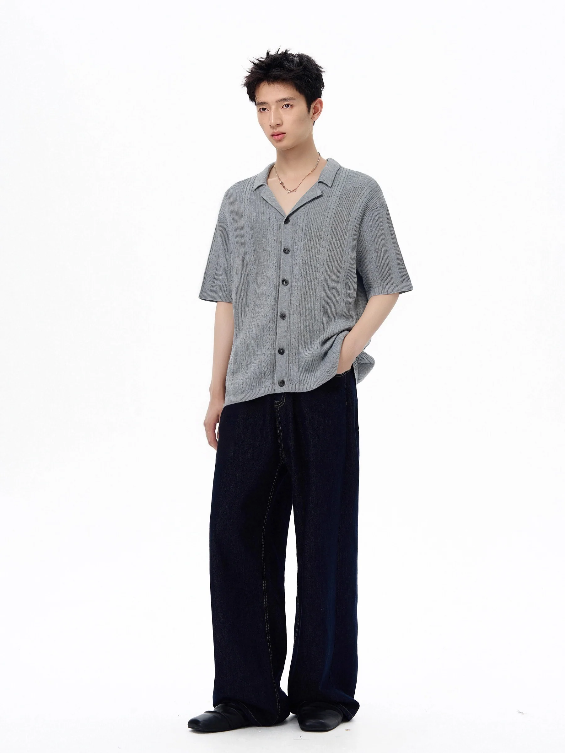 Cable Knit Ribbed Button Short Sleeve Shirt - Image 5