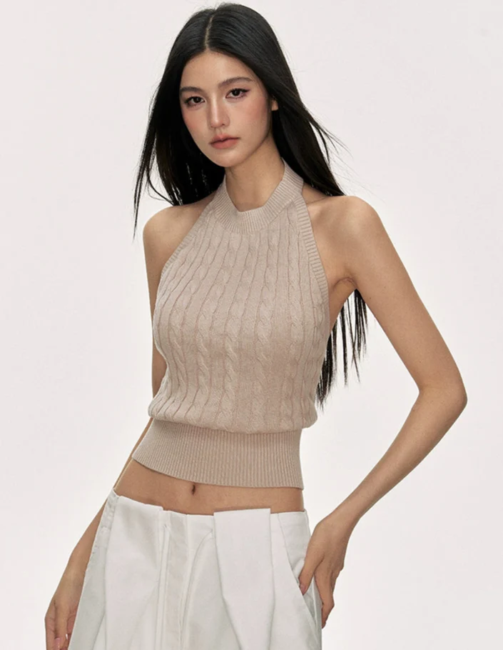 Cable Knit Ribbed Halter Neck Open Back Crop Top - Image 3