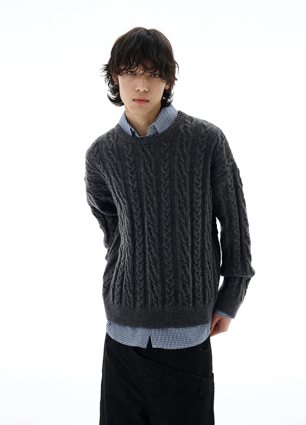 Cable Knit Round-Neck Ribbed Trim Sweater - Image 10