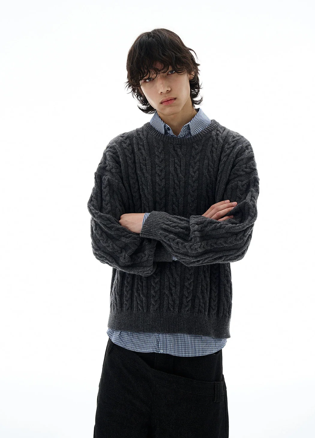 Cable Knit Round-Neck Ribbed Trim Sweater - Image 11