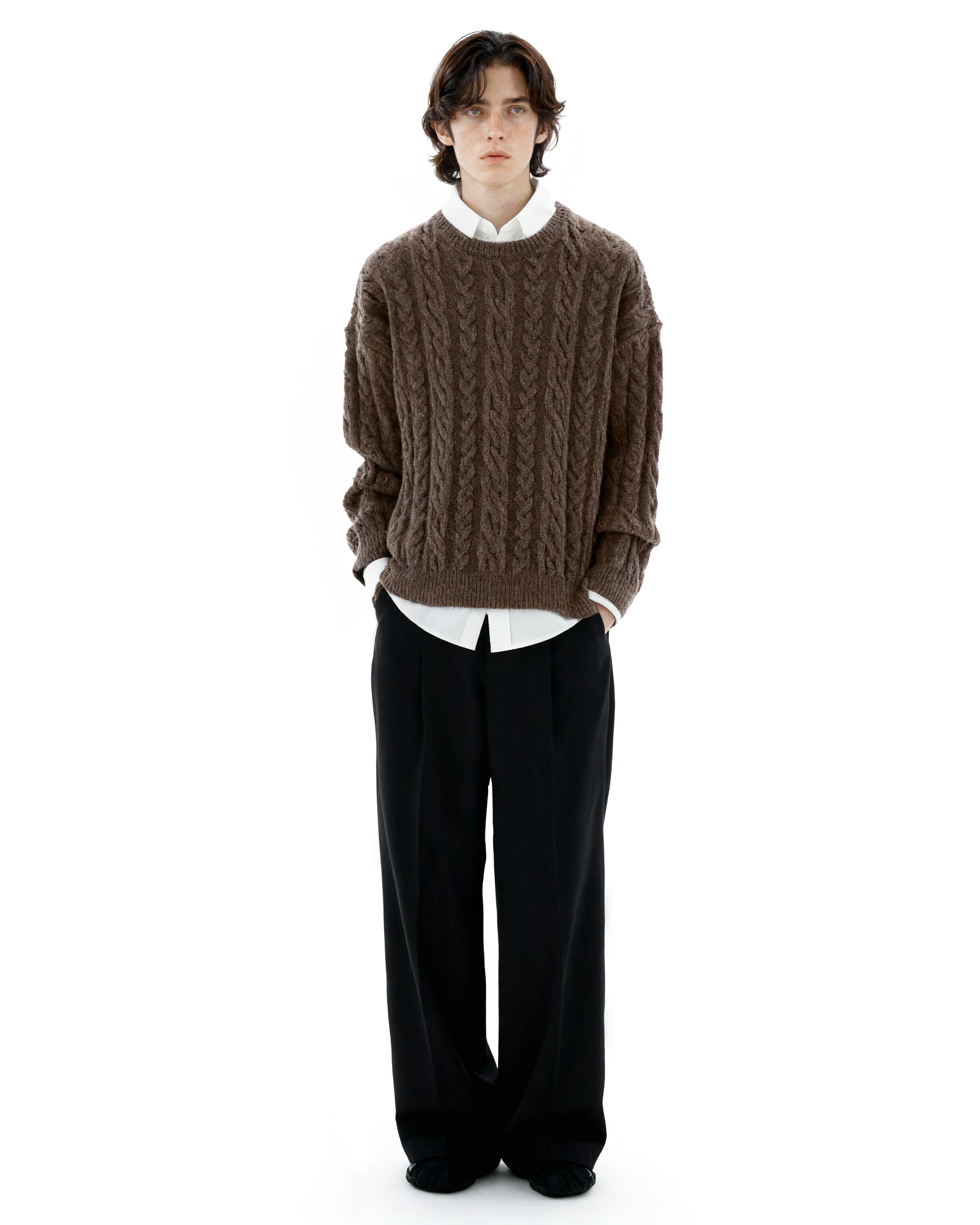Cable Knit Round-Neck Ribbed Trim Sweater - Image 6