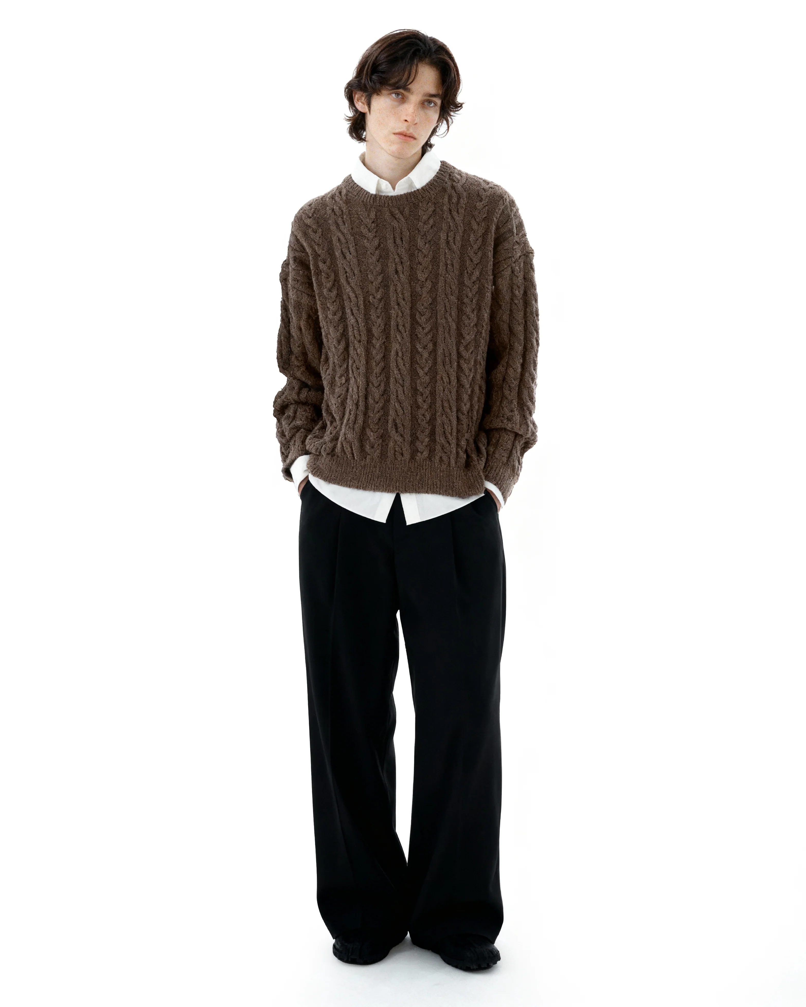 Cable Knit Round-Neck Ribbed Trim Sweater - Image 8