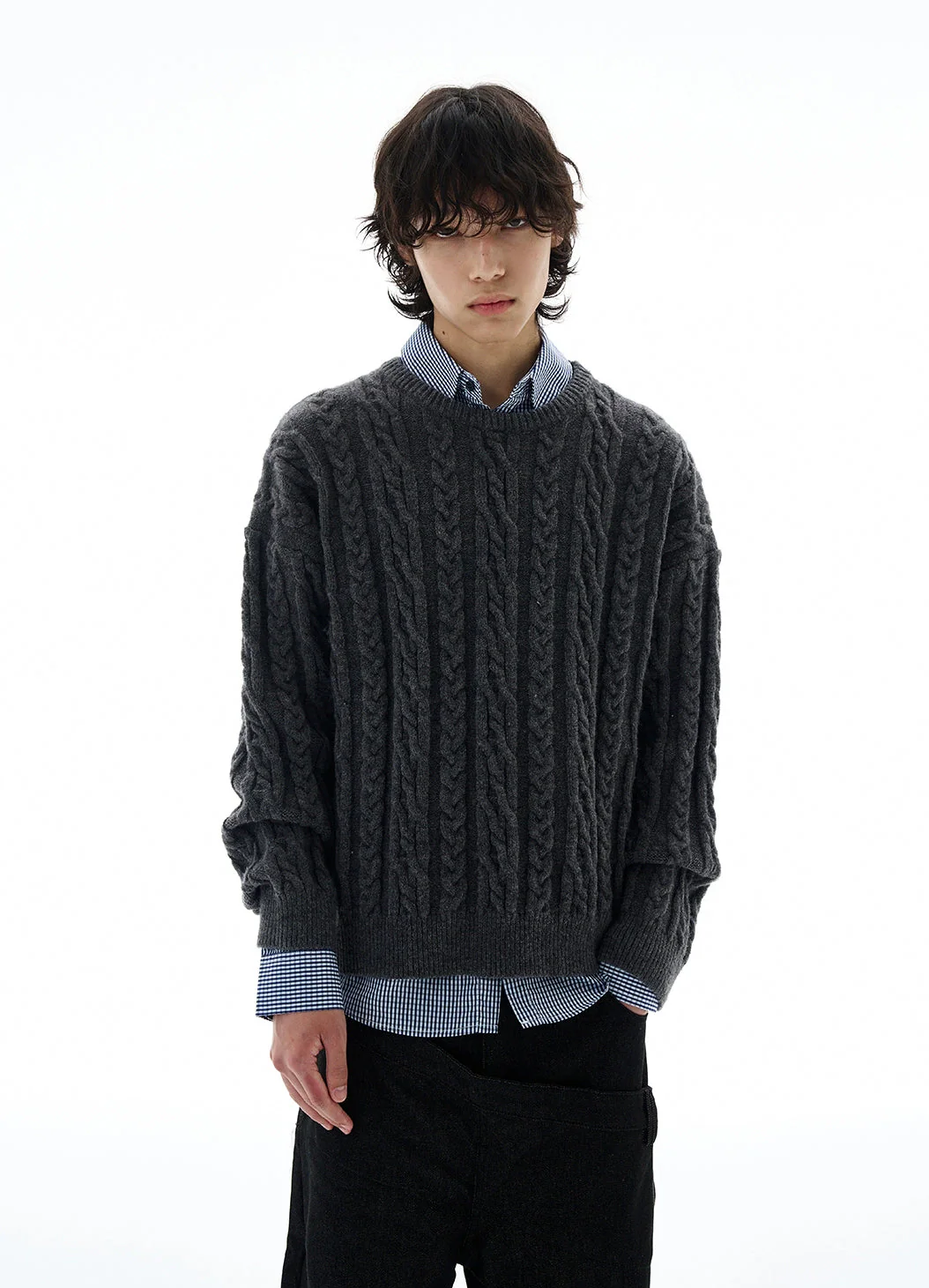 Cable Knit Round-Neck Ribbed Trim Sweater - Image 9