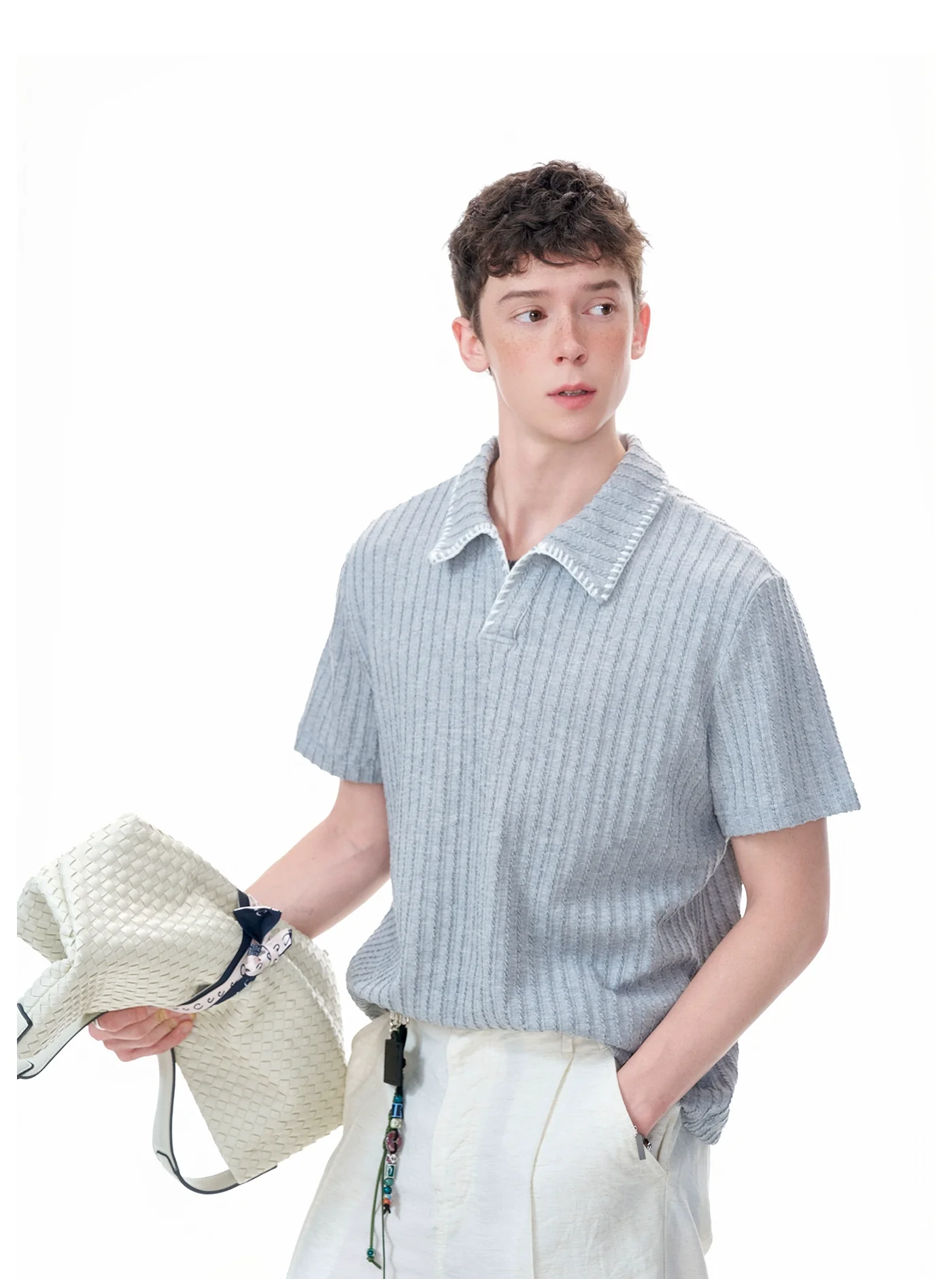 Cable Knit Short Sleeve Polo Shirt with Contrast Trim Collar - Image 3