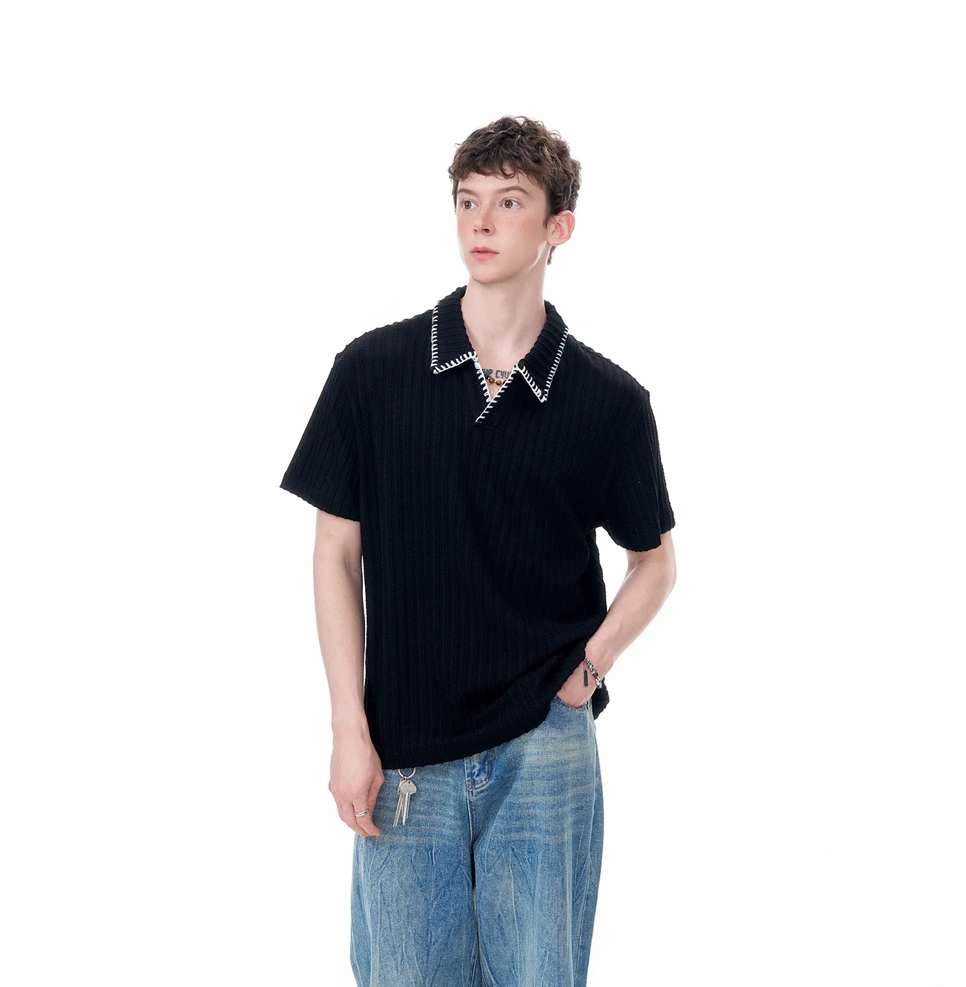 Cable Knit Short Sleeve Polo Shirt with Contrast Trim Collar - Image 8