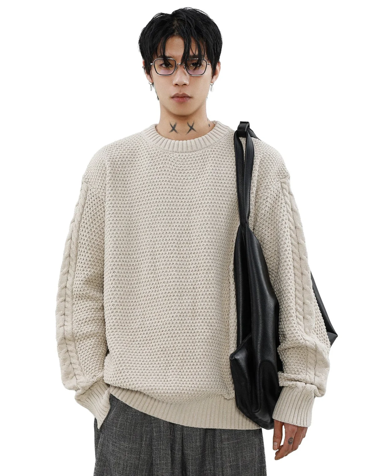 Cable Knit Sleeve Ribbed Trim Drop Shoulder Sweater - Image 13