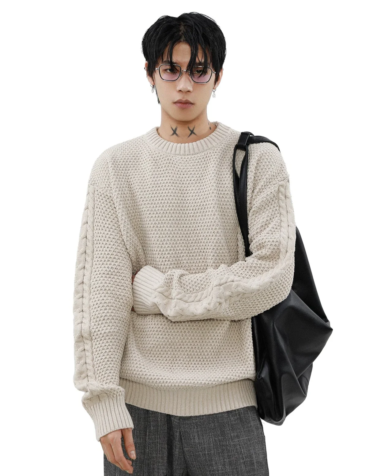 Cable Knit Sleeve Ribbed Trim Drop Shoulder Sweater - Image 14