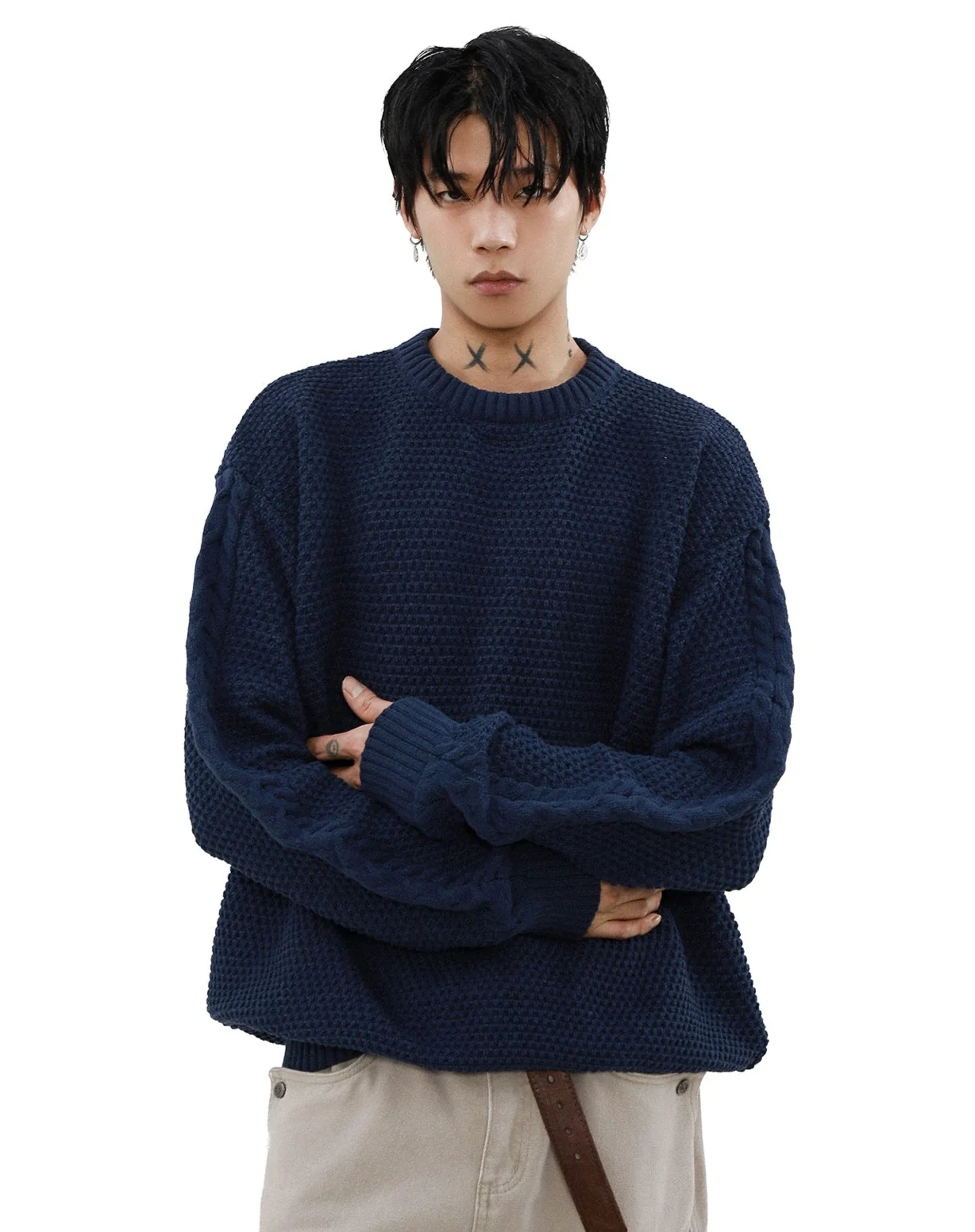 Cable Knit Sleeve Ribbed Trim Drop Shoulder Sweater - Image 2
