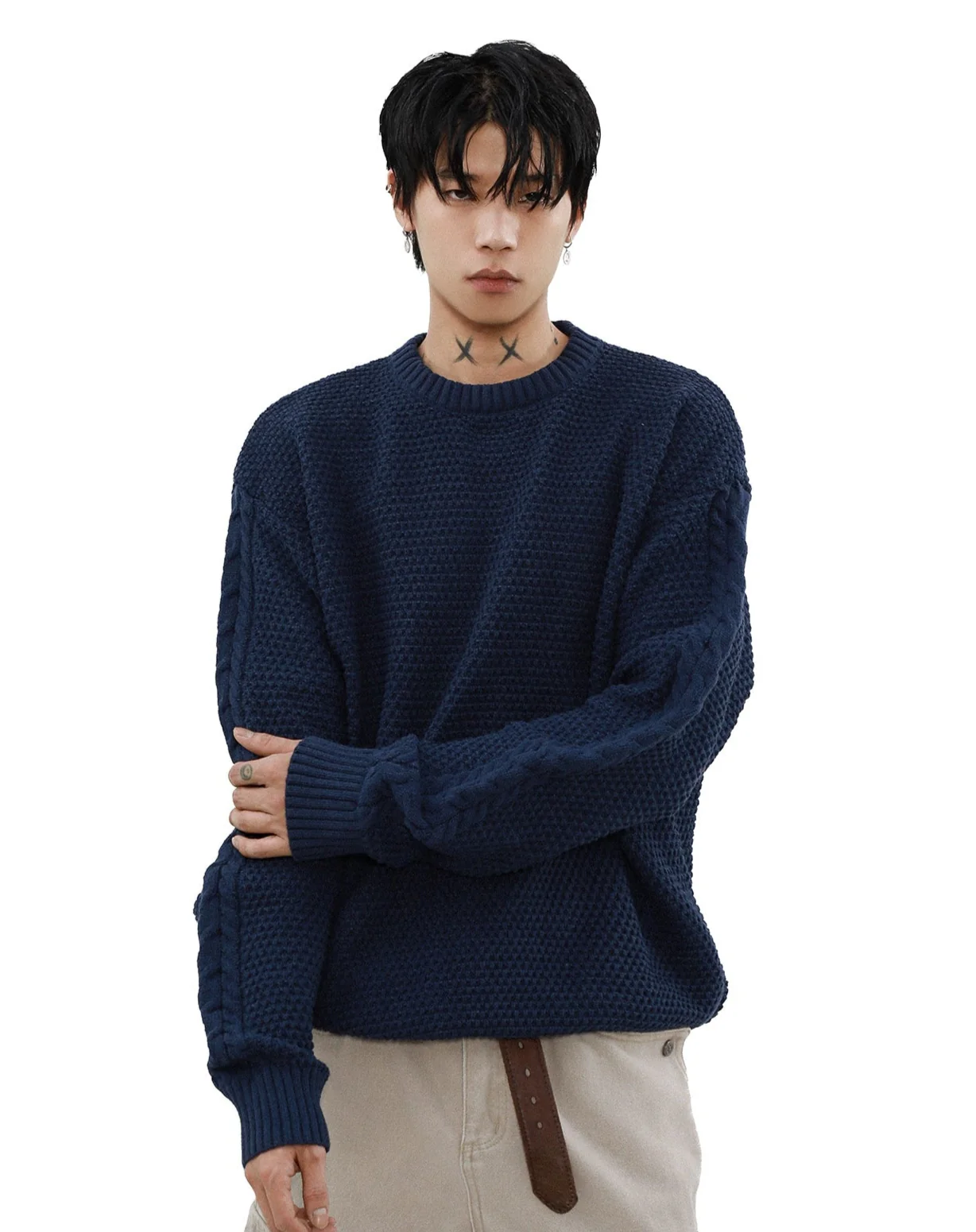 Cable Knit Sleeve Ribbed Trim Drop Shoulder Sweater - Image 3