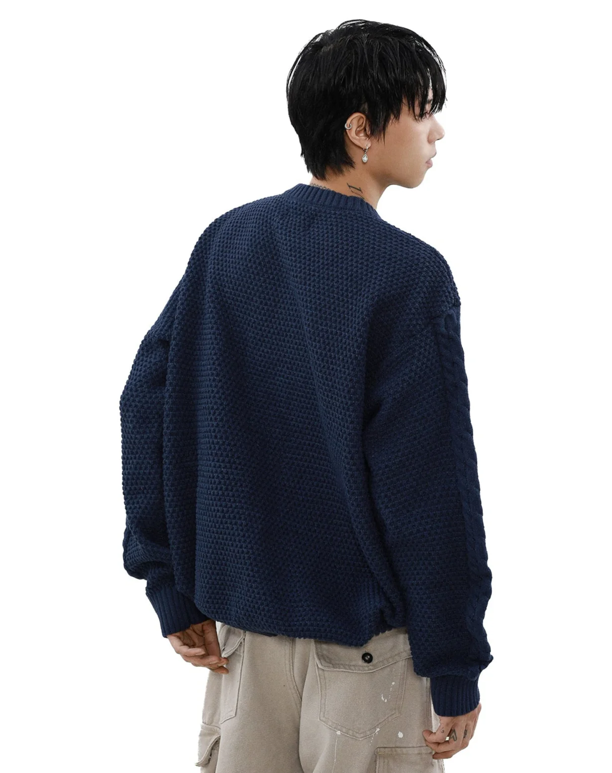 Cable Knit Sleeve Ribbed Trim Drop Shoulder Sweater - Image 4