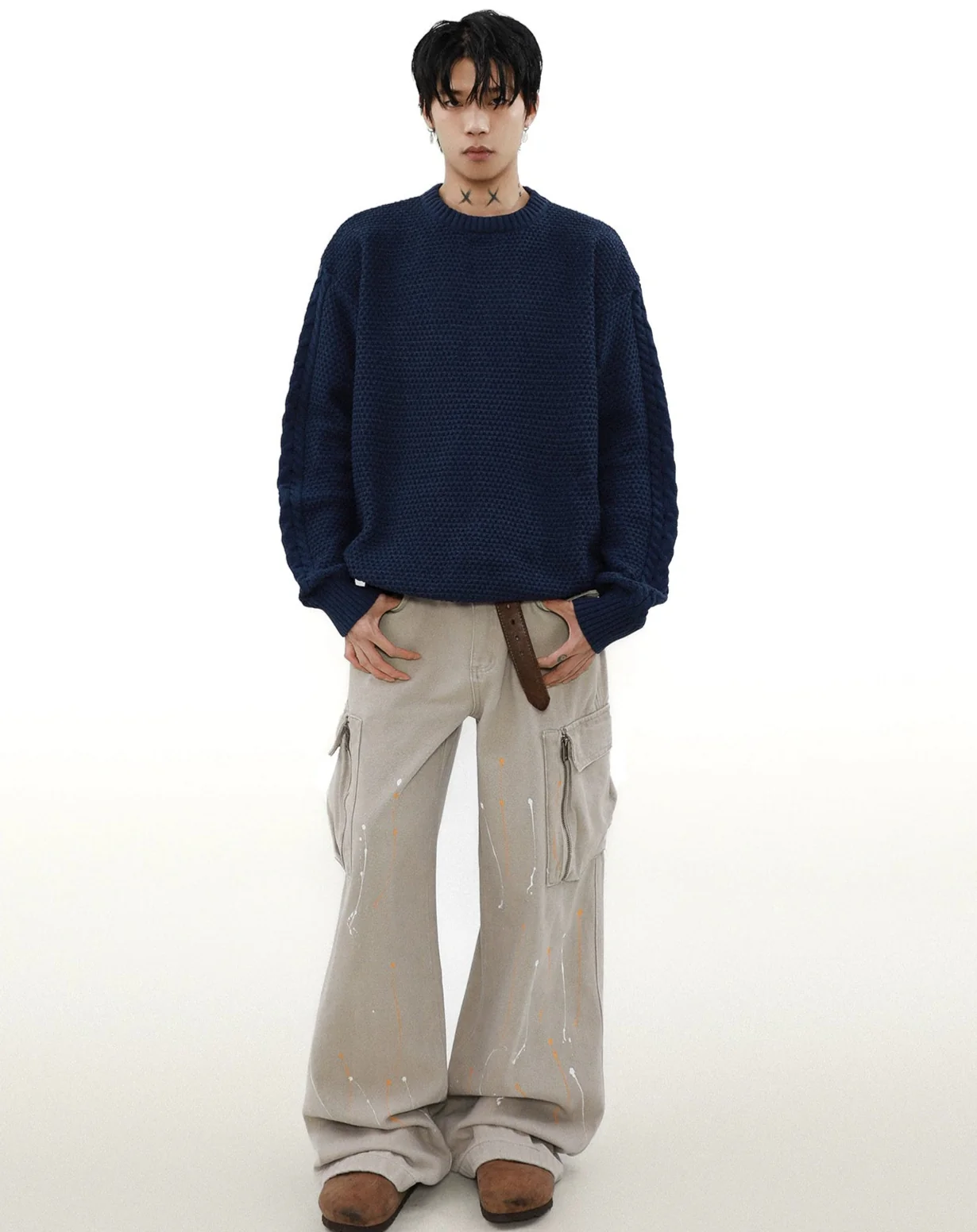 Cable Knit Sleeve Ribbed Trim Drop Shoulder Sweater - Image 5