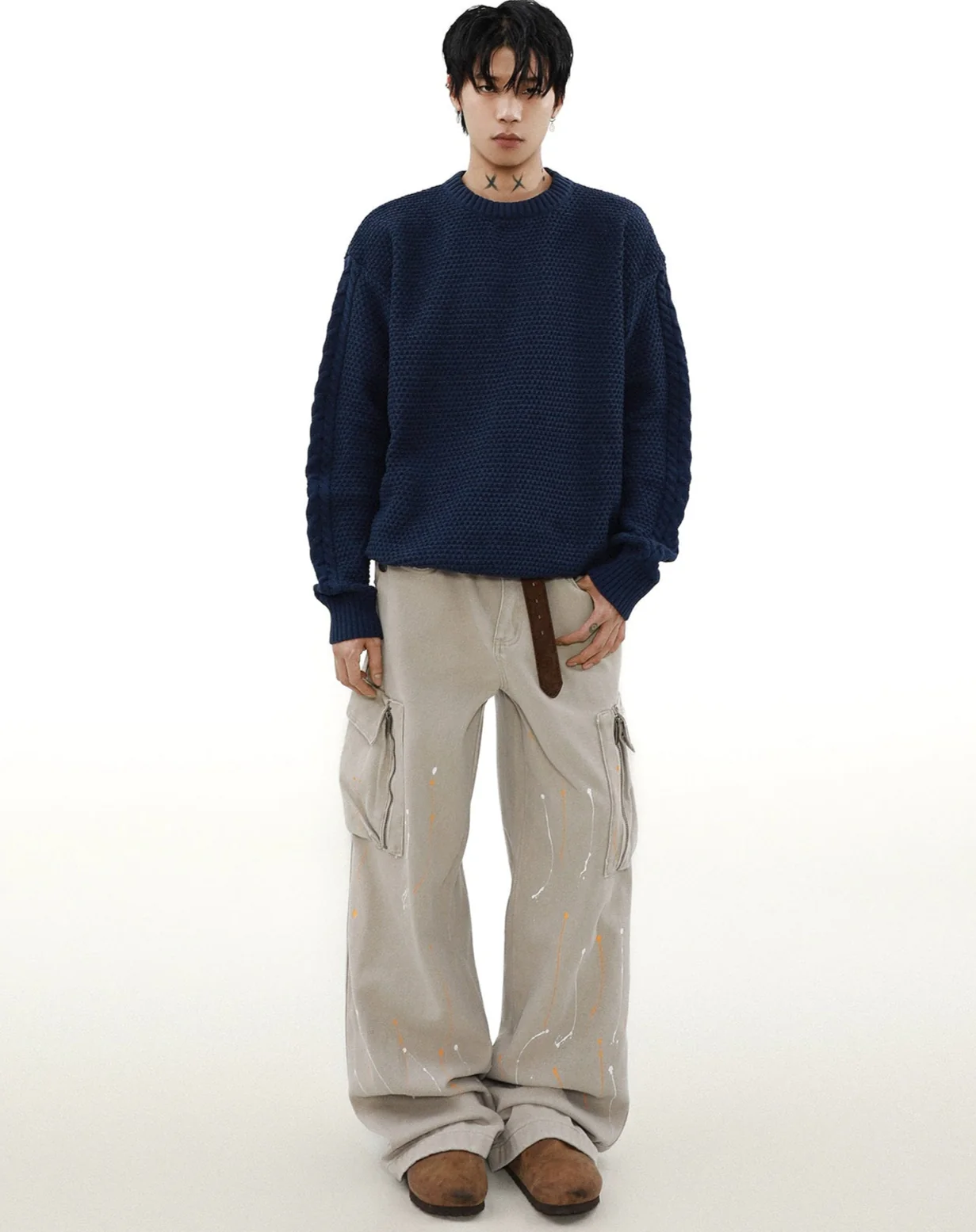 Cable Knit Sleeve Ribbed Trim Drop Shoulder Sweater - Image 6