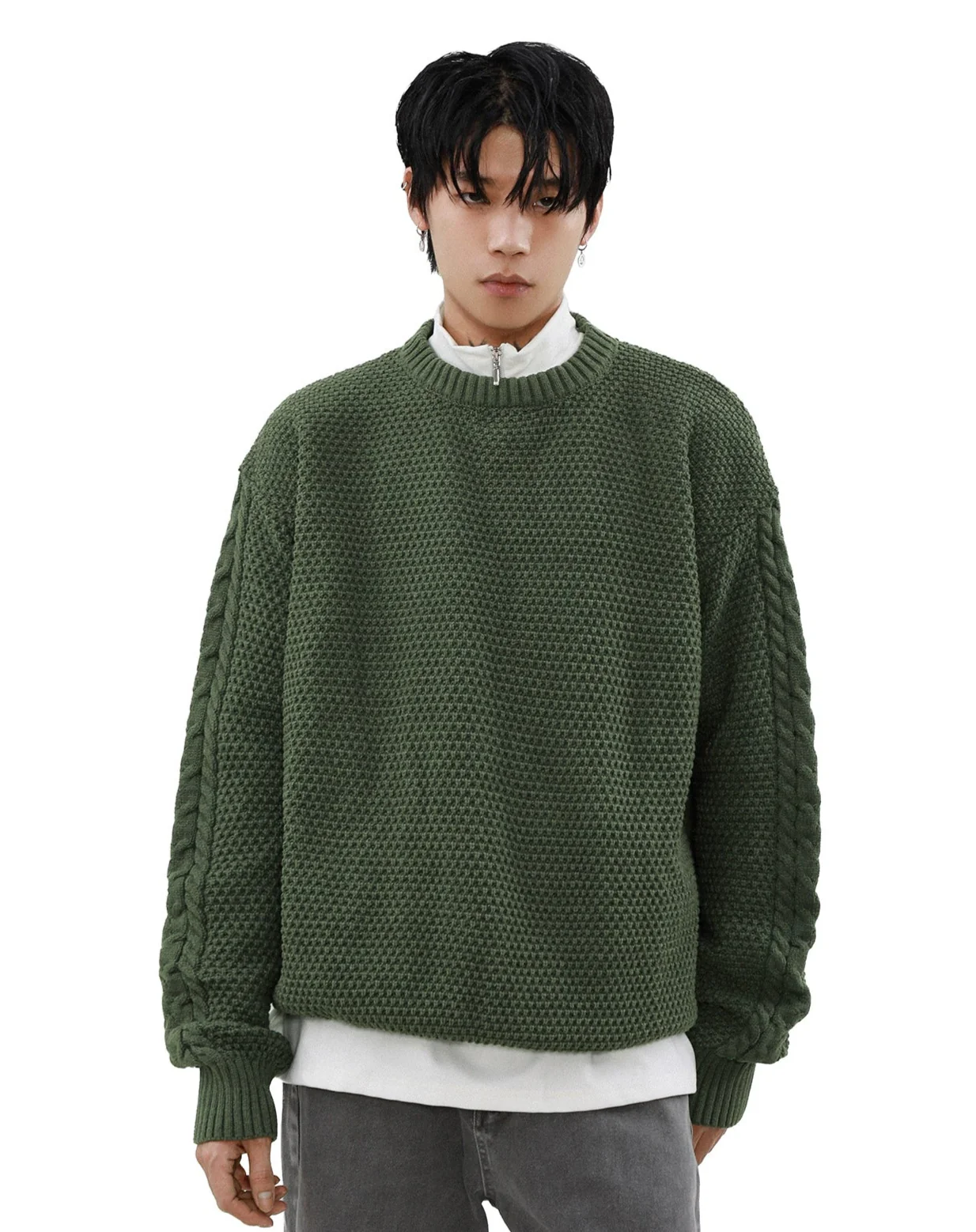 Cable Knit Sleeve Ribbed Trim Drop Shoulder Sweater - Image 7