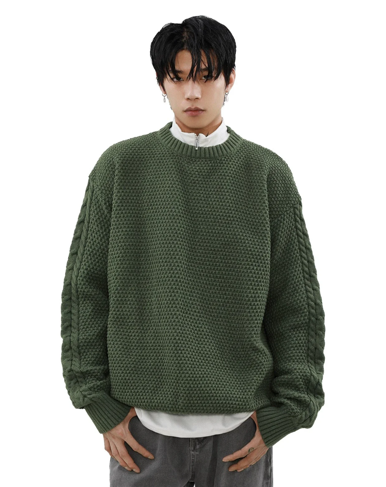 Cable Knit Sleeve Ribbed Trim Drop Shoulder Sweater - Image 8