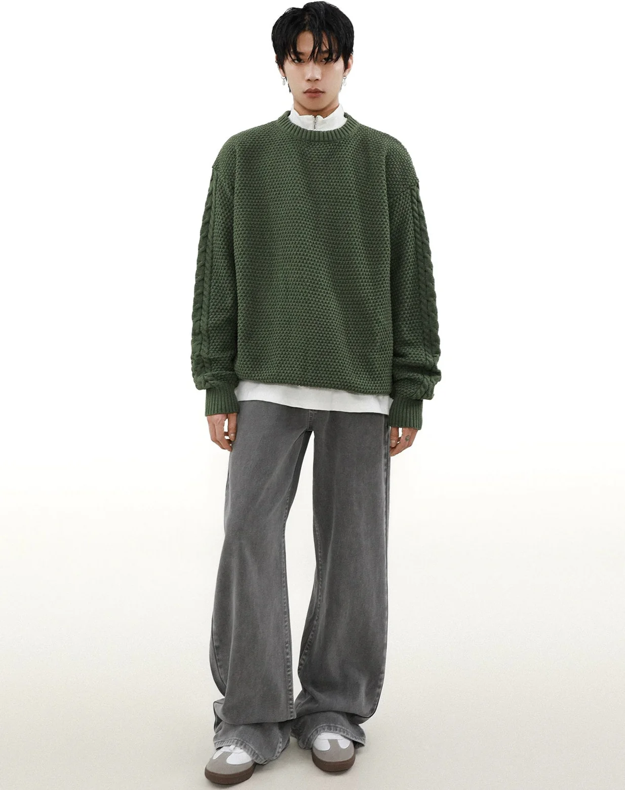 Cable Knit Sleeve Ribbed Trim Drop Shoulder Sweater - Image 9