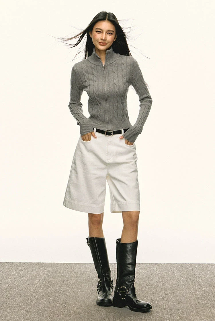 Cable Knit Slim Mock Neck Zip Jacket - Image 10
