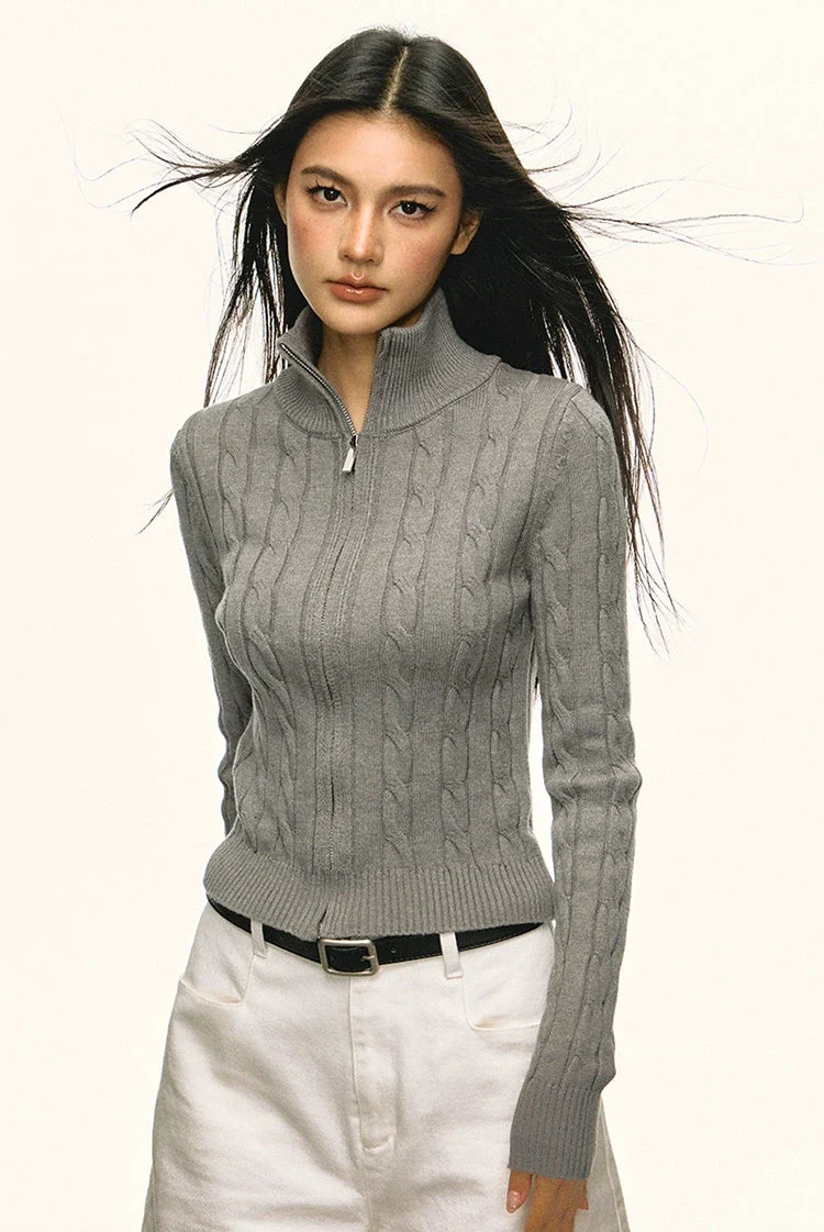 Cable Knit Slim Mock Neck Zip Jacket - Image 4