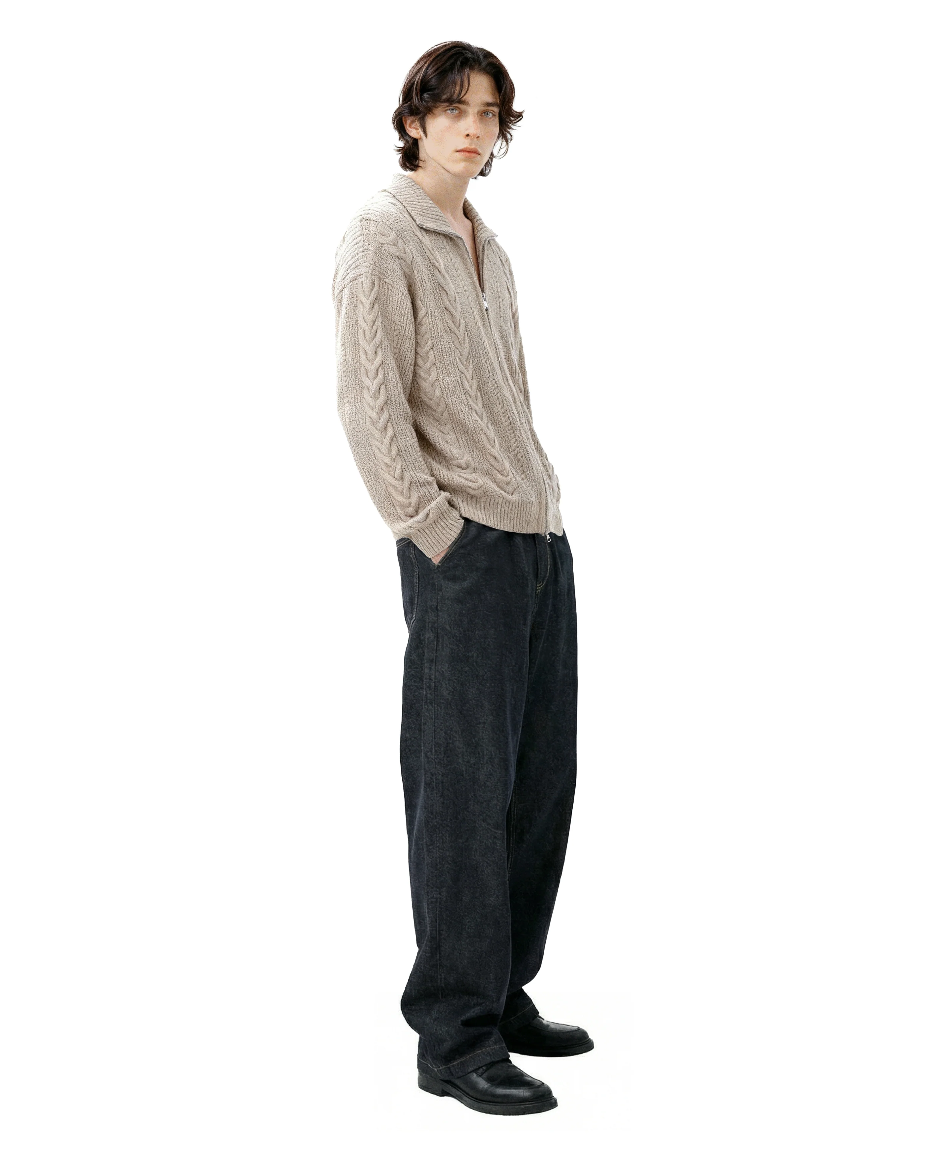 Cable-Knit Zip Ribbed Trim Cardigan - Image 6