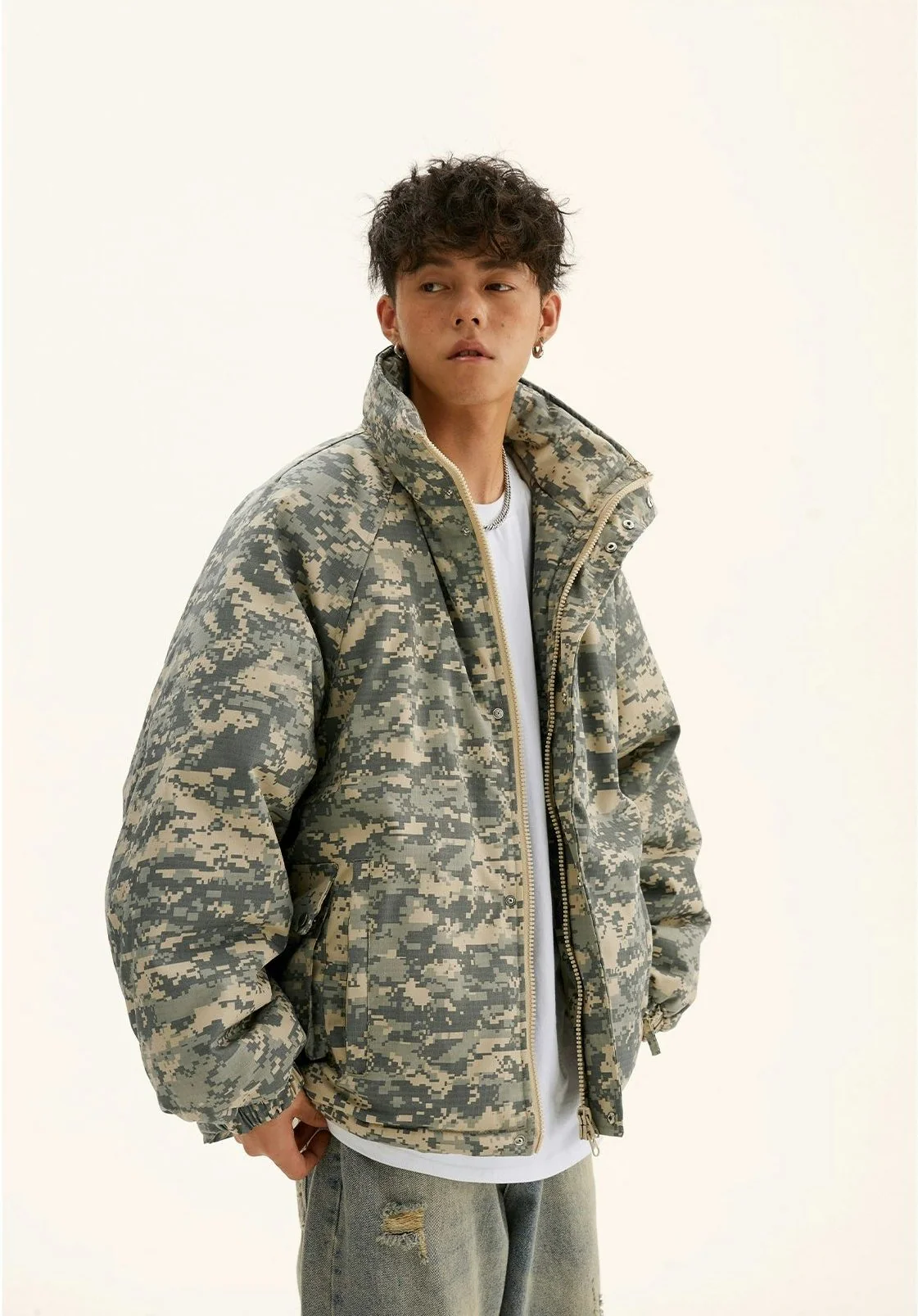 Camo Print Mock-Neck Puffer Jacket - Image 4