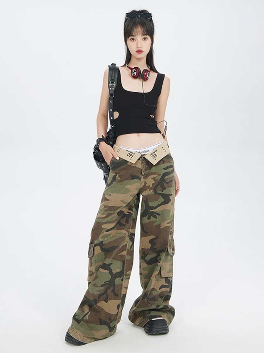 Camouflage Fold-Over Waist Wide-Leg Cargo Pants - Image 5
