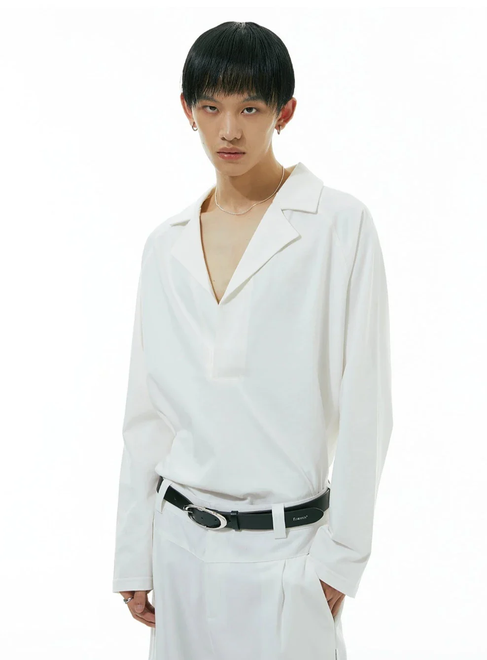 Camp-Collar V-Neck Long Sleeve Shirt