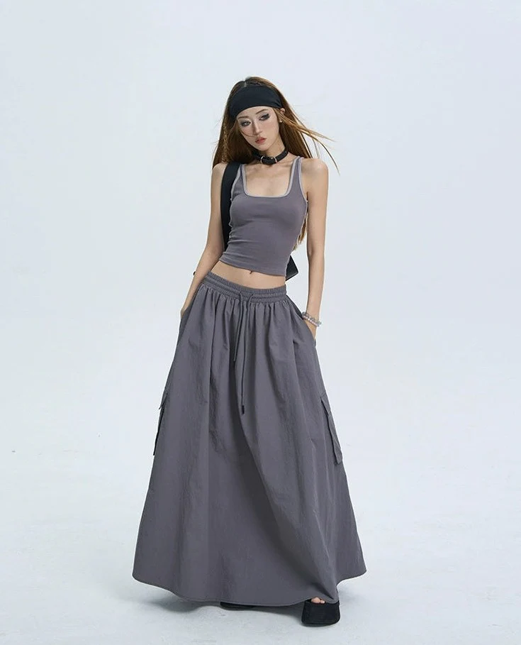 Cargo Drawstring Pocketed Maxi Skirt - Image 6