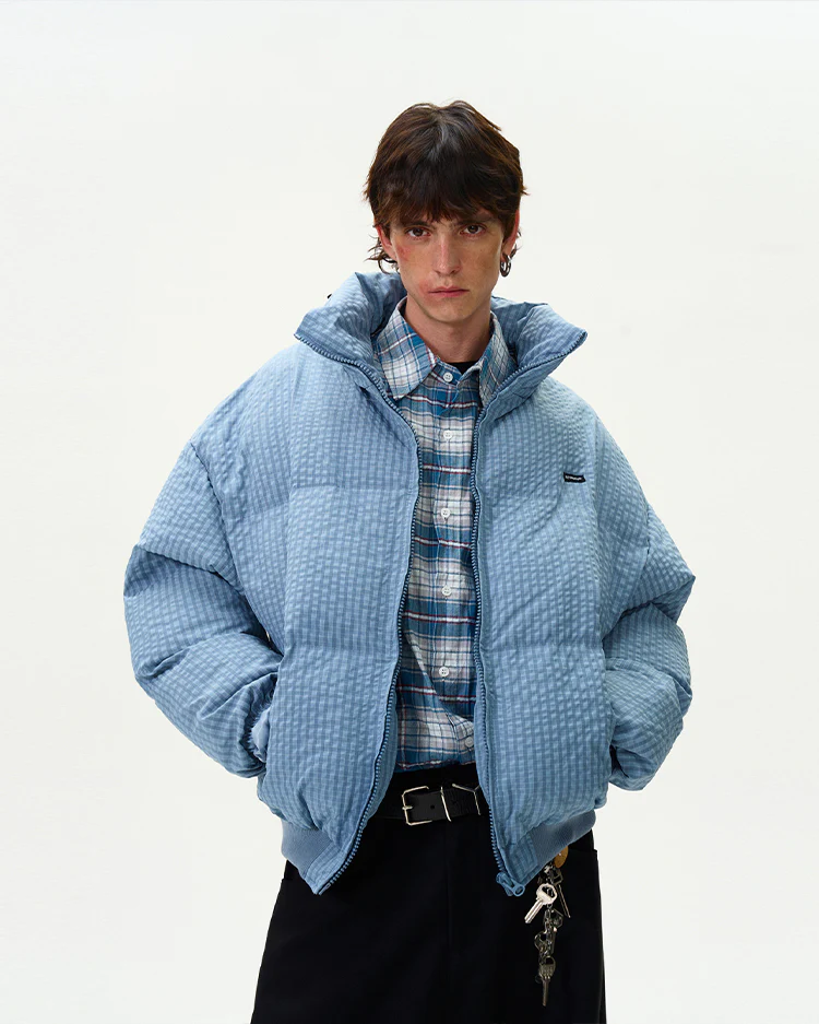 Checker Stand Collar Drop Shoulder Puffer Jacket - Image 6