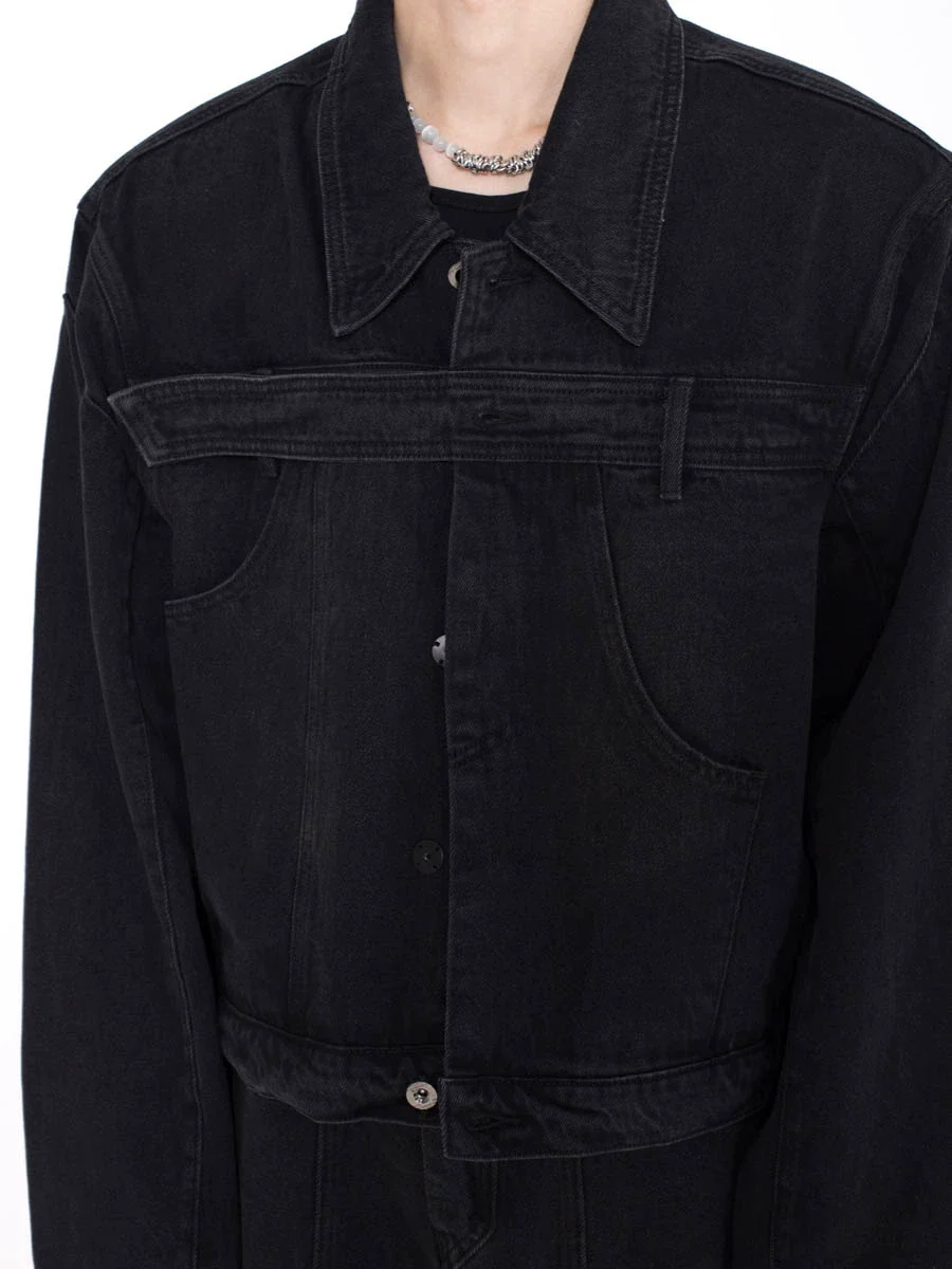 Chest-Strap Boxy Collared Denim Jacket - Image 5