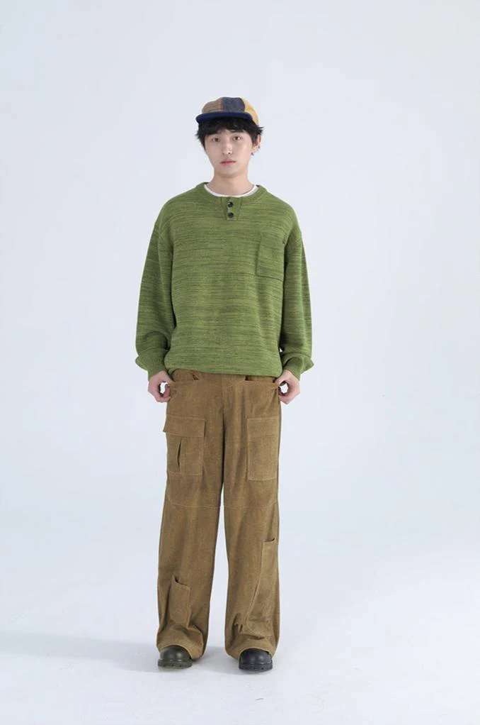 Classic Henley Collar Ribbed Cuff Knit Sweater - Image 3