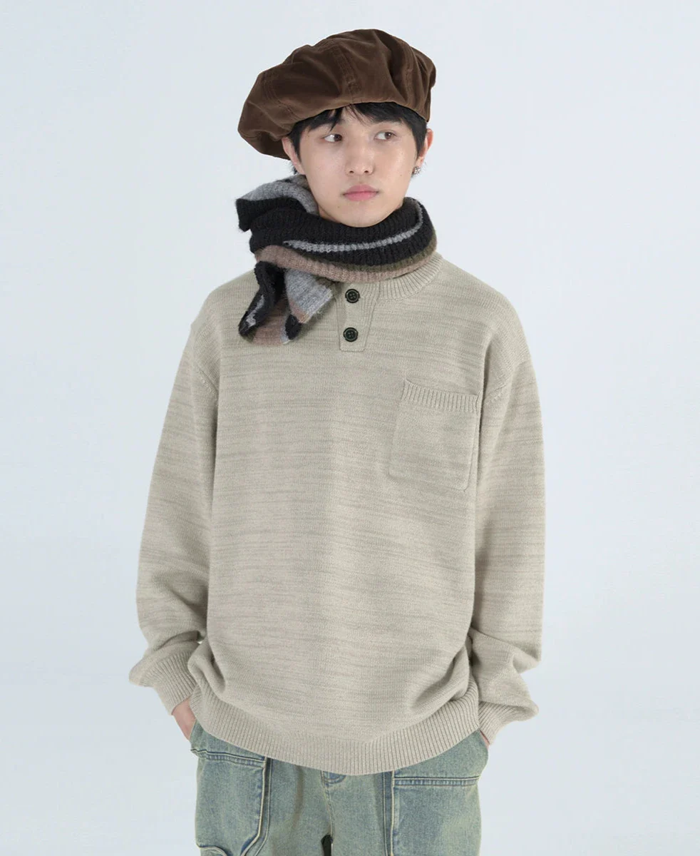 Classic Henley Collar Ribbed Cuff Knit Sweater - Image 5