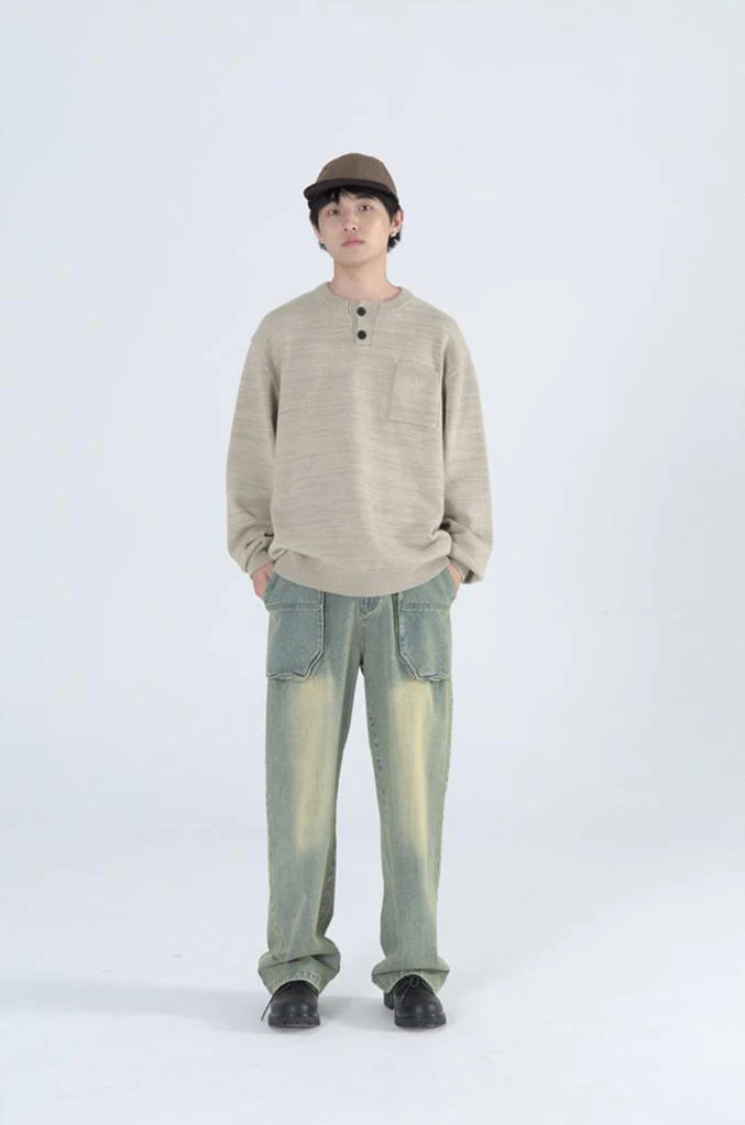 Classic Henley Collar Ribbed Cuff Knit Sweater - Image 7