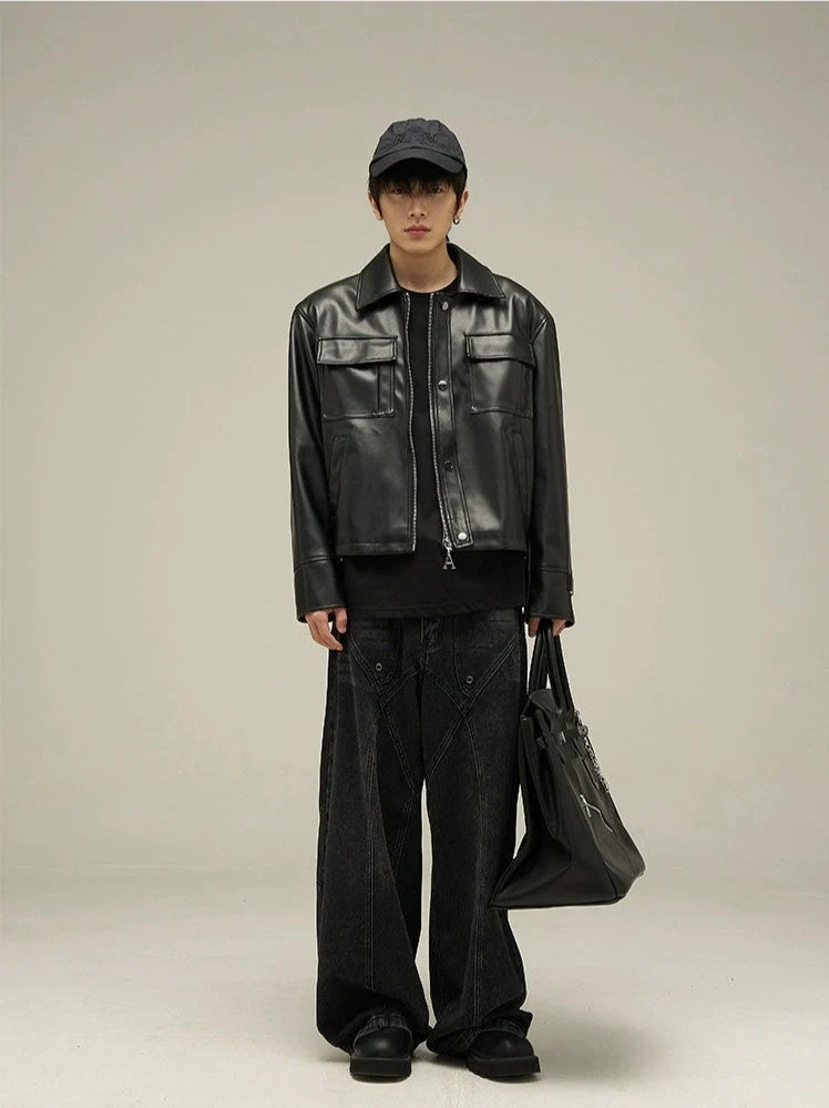 Classic Leather Jacket with Oversized Pockets - Image 10