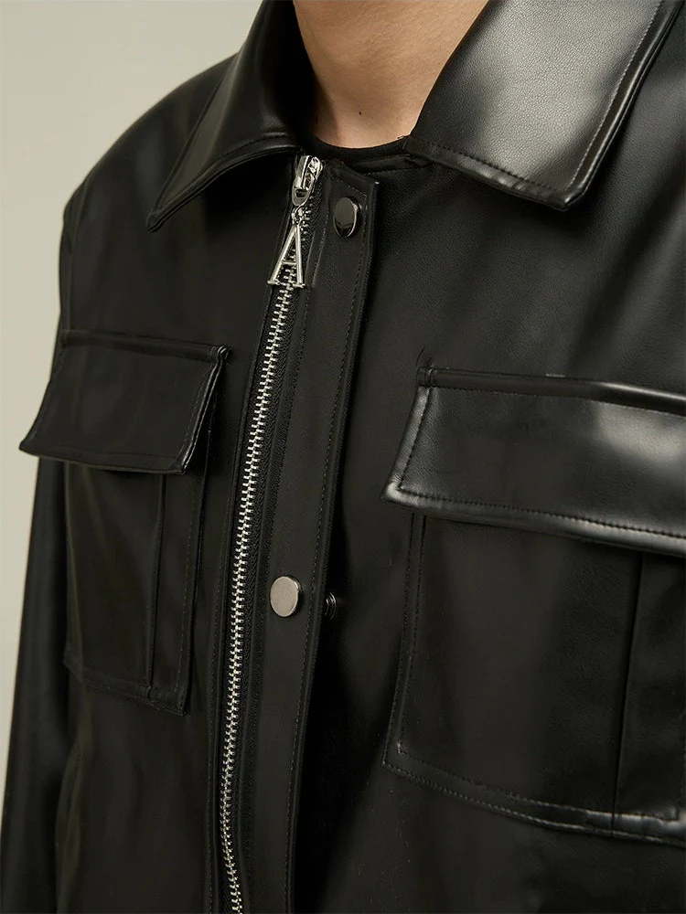 Classic Leather Jacket with Oversized Pockets - Image 2