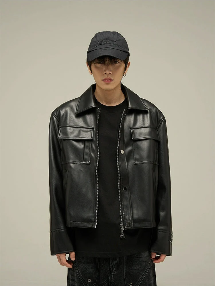 Classic Leather Jacket with Oversized Pockets - Image 5