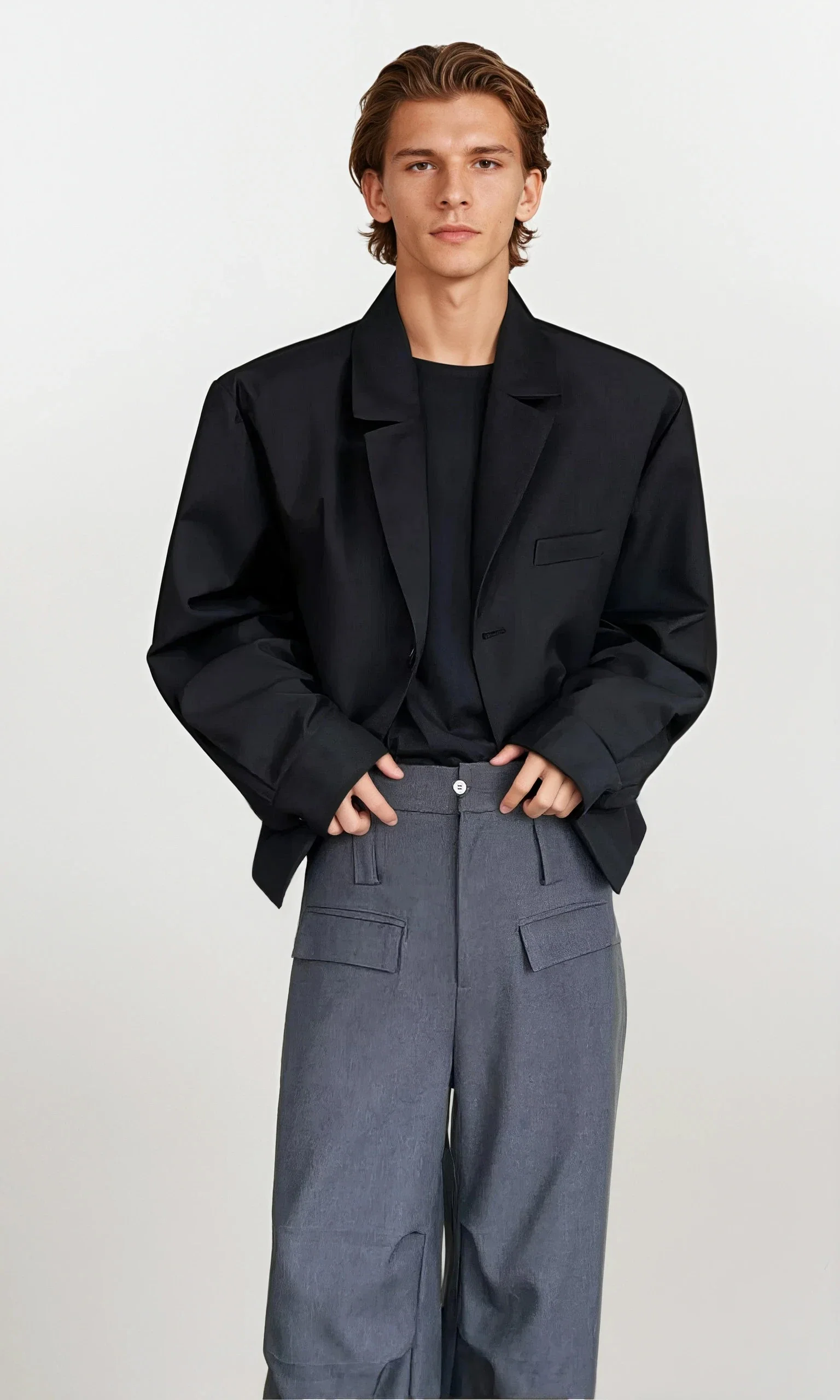 Classic Notched Collar Cropped Blazer - Image 3