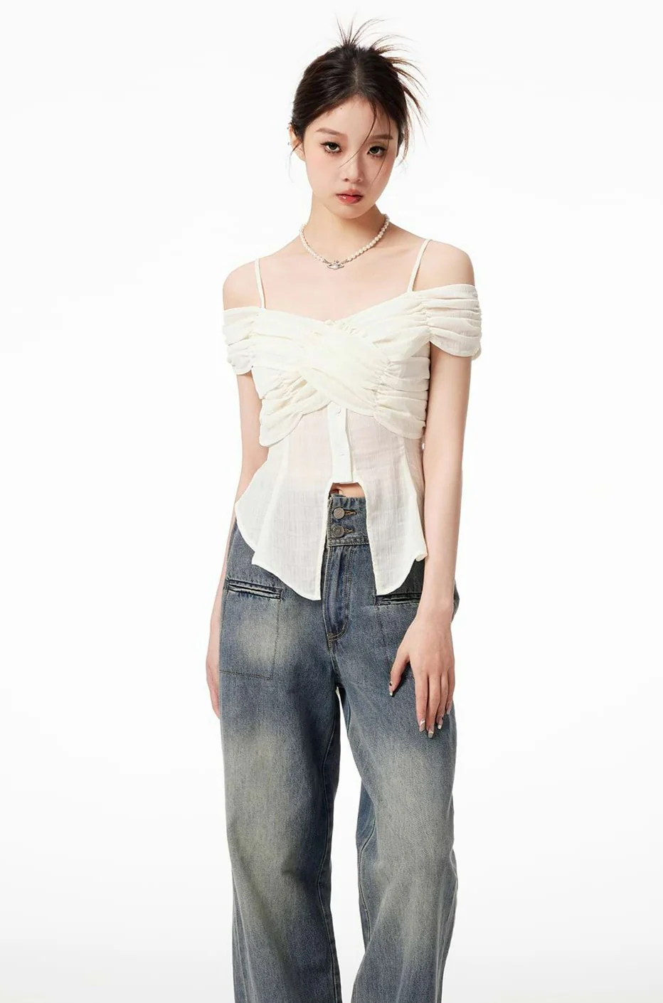 Cold Shoulder Overlap Short Sleeve Top - Image 2