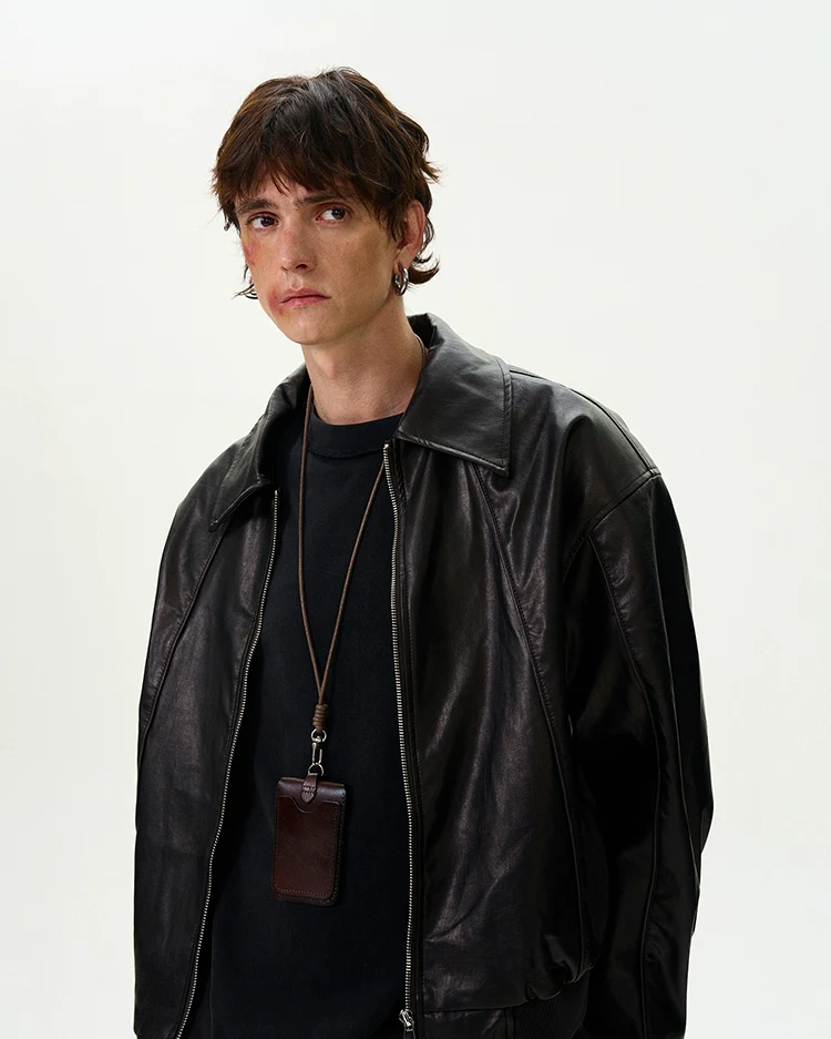 Collared Faux Leather Drop Shoulder Zip Jacket - Image 11