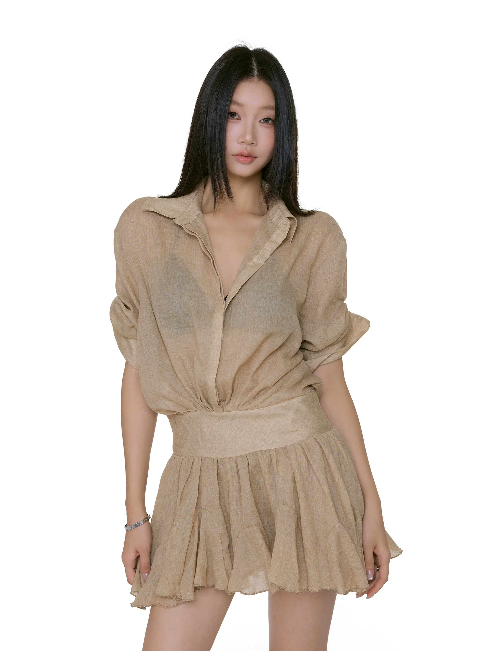 Collared Mini Shirt Dress with Gathered Waist and Flared Hem - Image 4